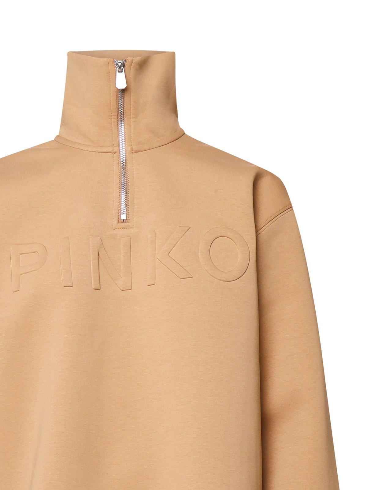 Shop Pinko Logo-embossed Zip-up Sweatshirt In Brown