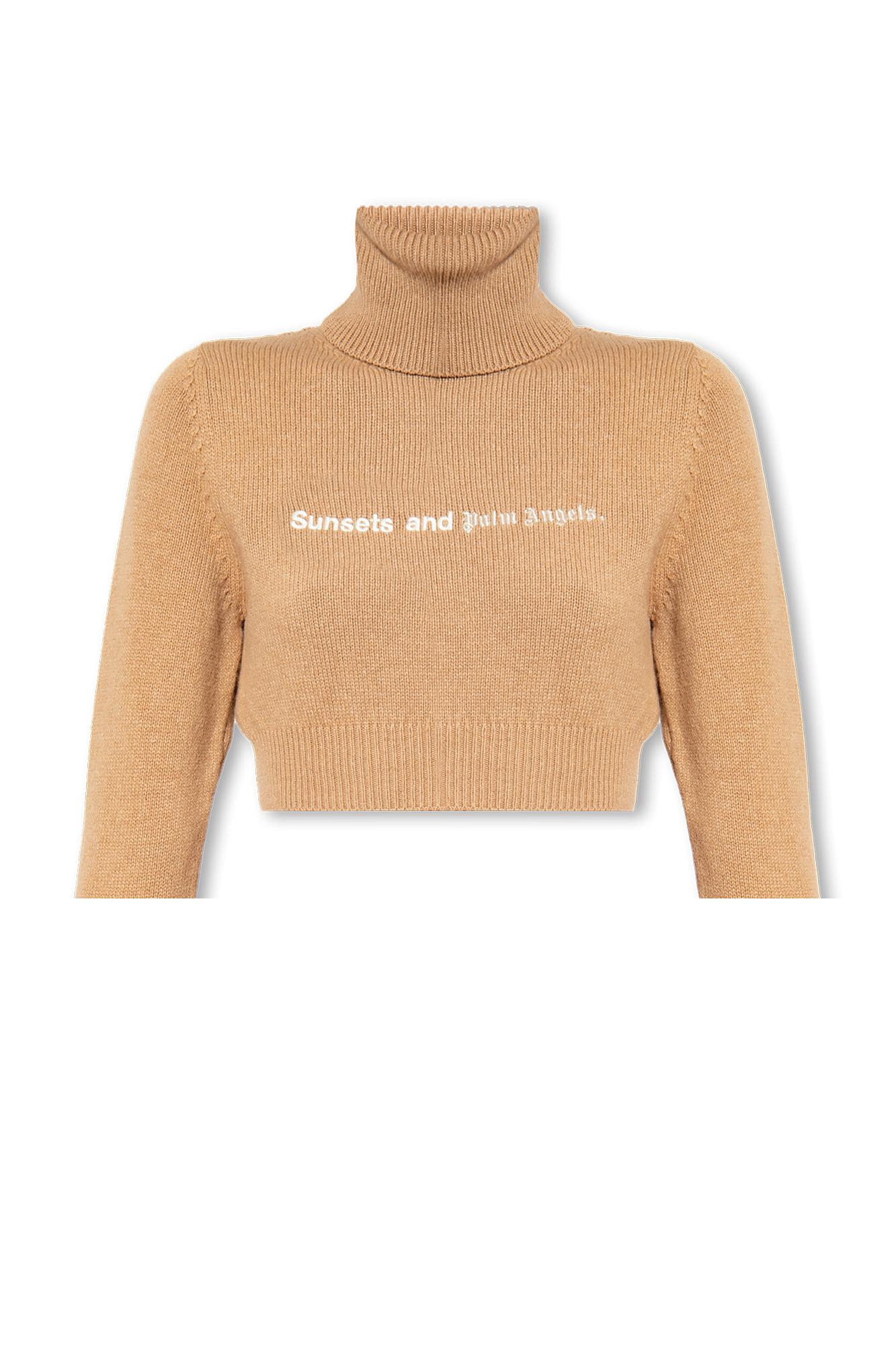 Shop Palm Angels Cropped Turtleneck Sweater In Camel