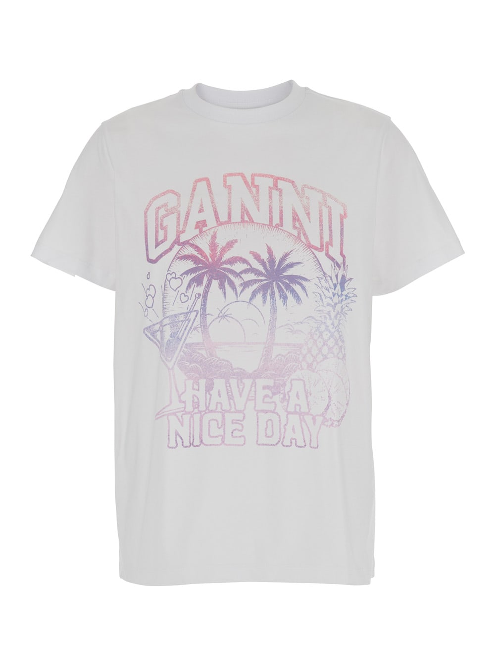 Shop Ganni White T-shirt With  Cocktail Print In Jersey Woman