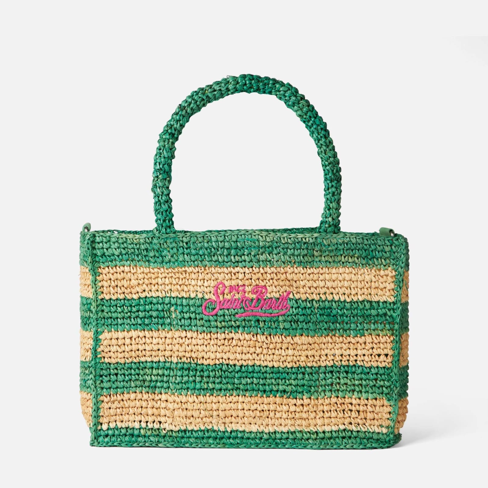 Shop Mc2 Saint Barth Colette Raffia Handbag With White And Green Stripes