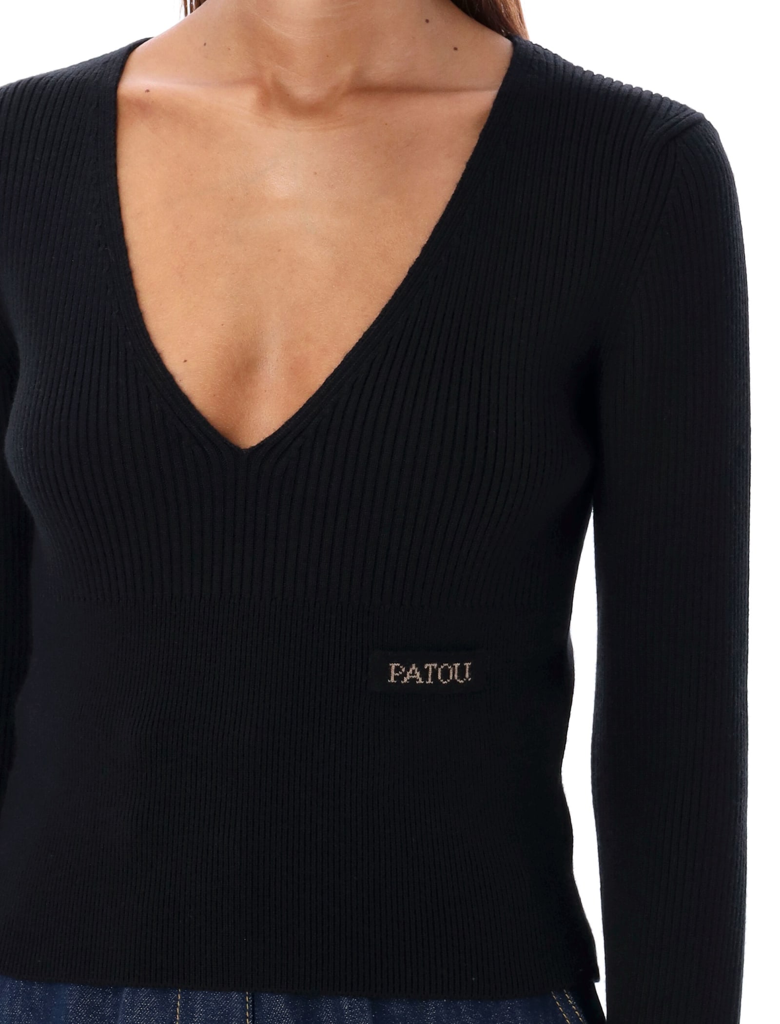 Shop Patou V-neck Knit Patch Logo In Black