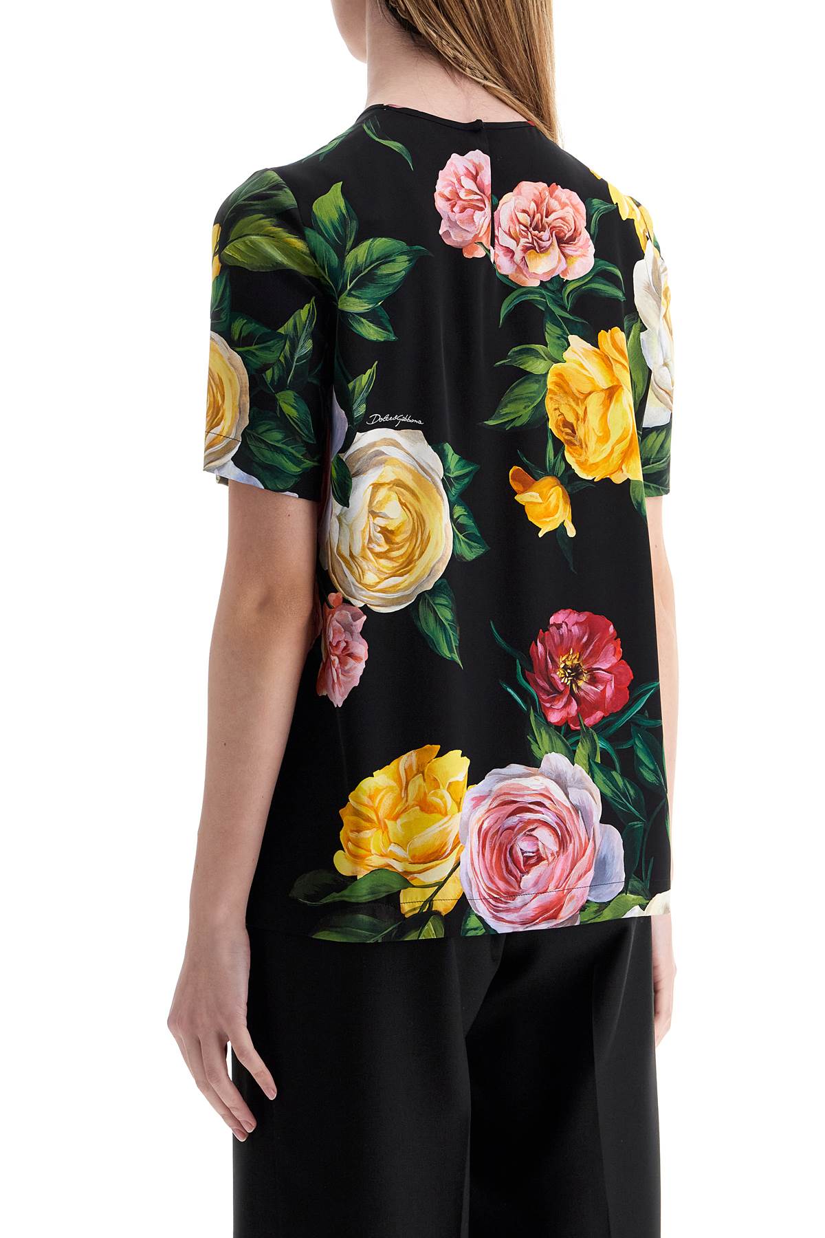 Shop Dolce & Gabbana Black Silk T-shirt With Floral Print In Peonie/rose F.nero (black)