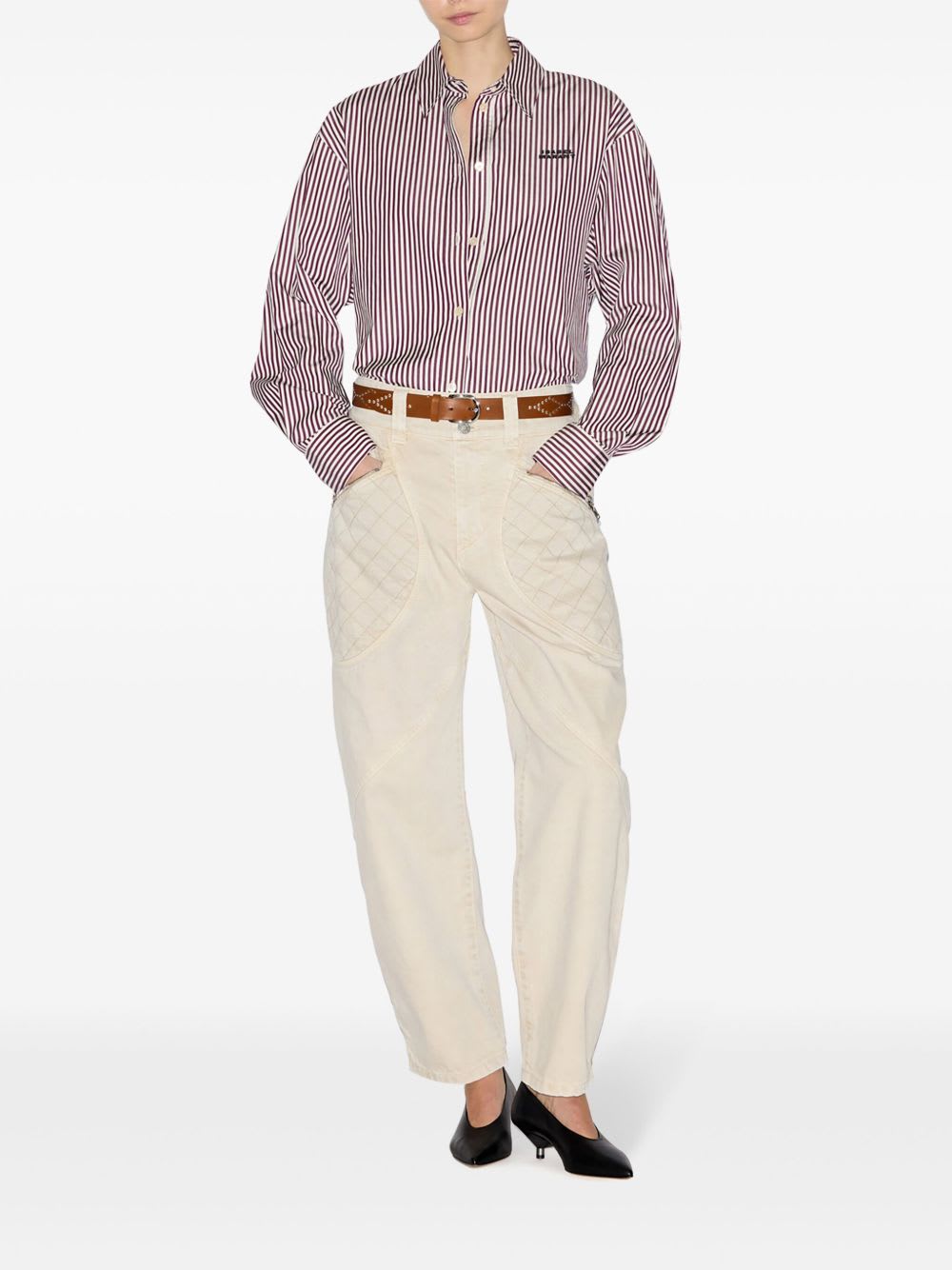 Isabel Marant Vertical Stripe Burgundy Cotton Shirt With Button-down Front In Purple