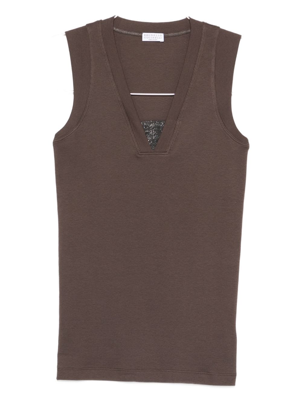 Brunello Cucinelli Cotton Tank V Neck Stretch Ribbed Top In Brown