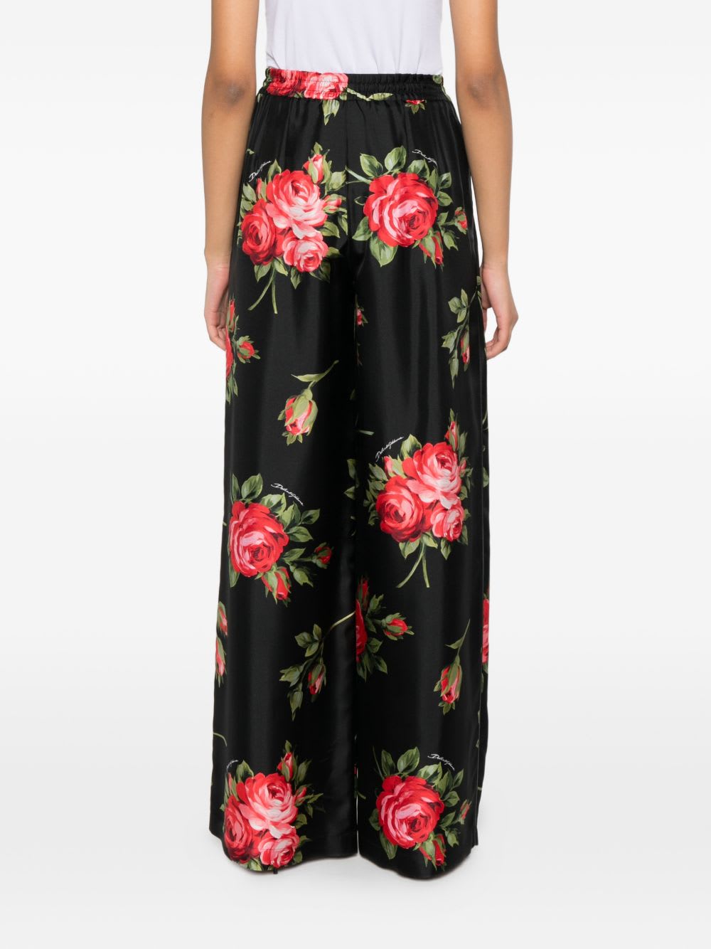Dolce & Gabbana Roses Bouquet Print Silk Trousers In Animal Print