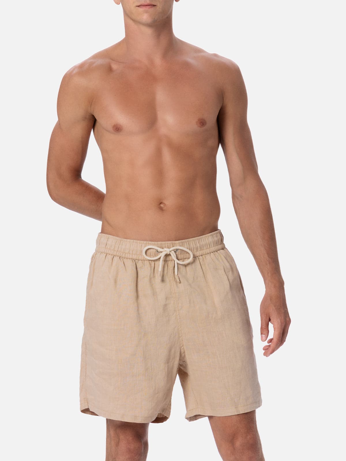 Mc2 Saint Barth Man Mid-length Beige Linen Swim-shorts Gustavia In White