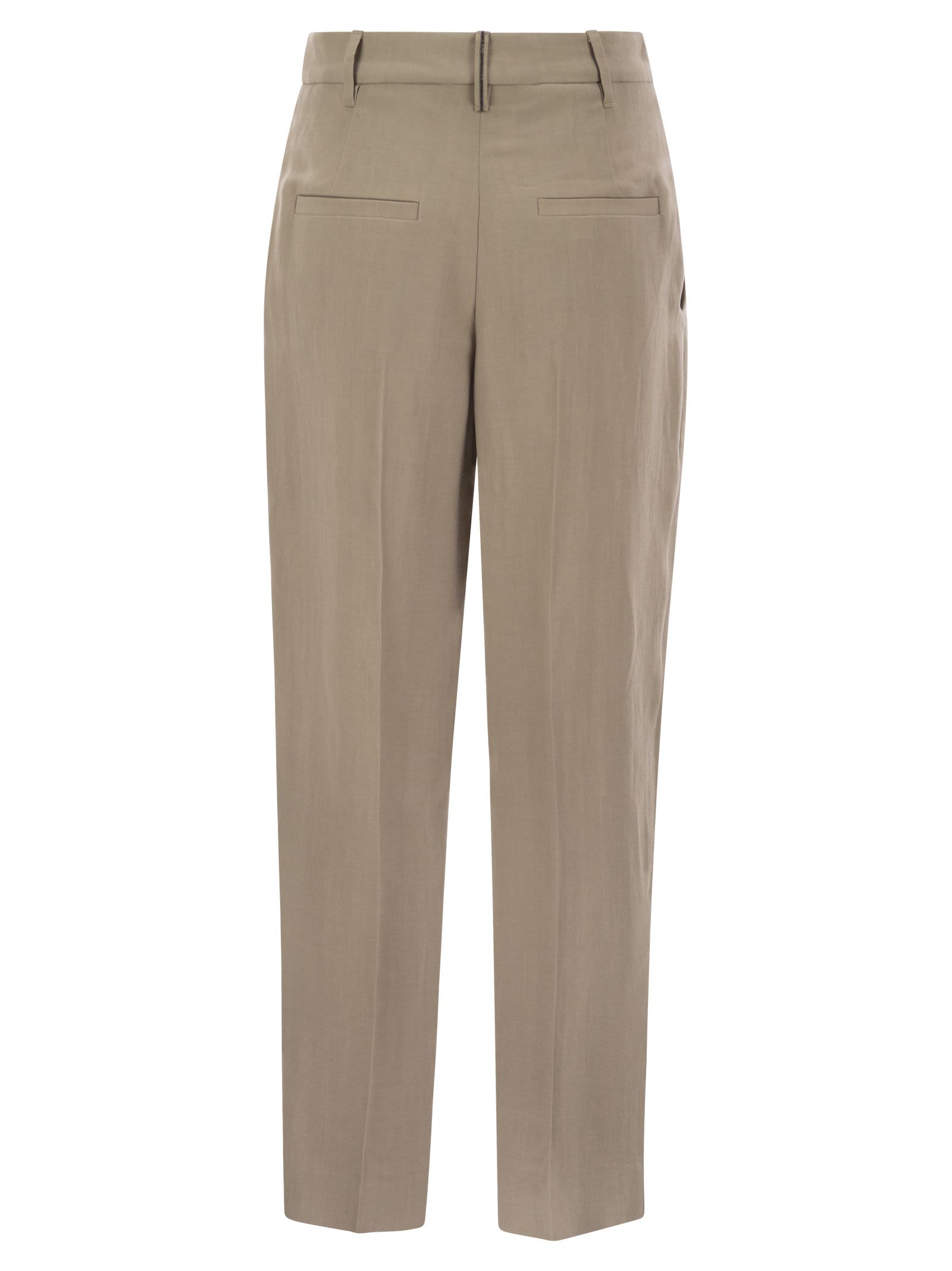 BRUNELLO CUCINELLI SLOUCHY TROUSERS IN VISCOSE AND LINEN FLUID TWILL WITH MONILINE