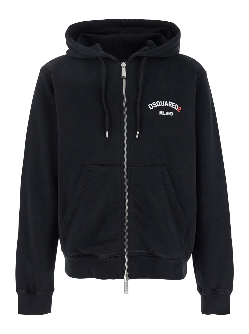 Black Sweatshirt With Hood And Zip And Logo Detail On The Front In Cotton Man