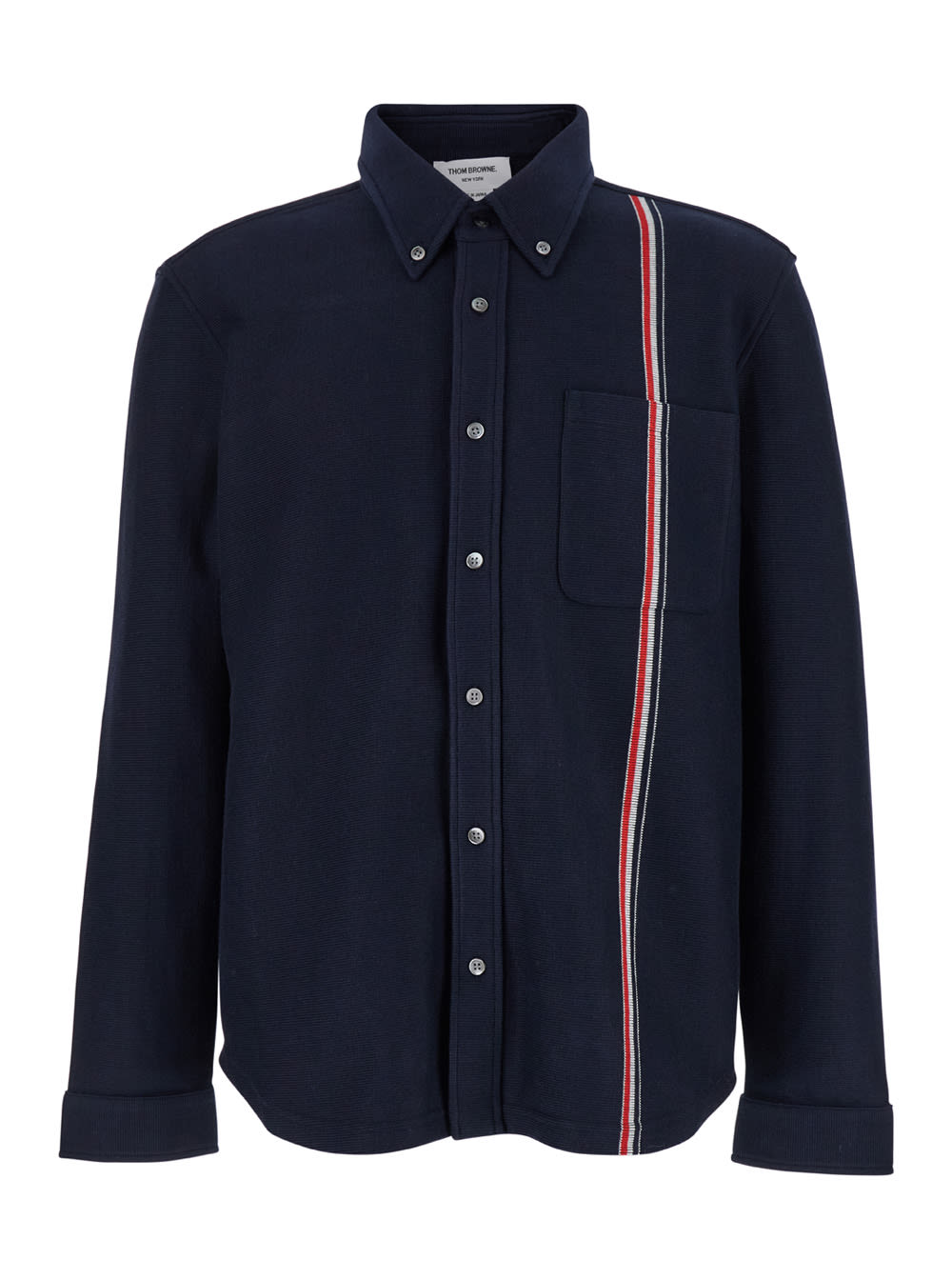 THOM BROWNE BLUE OVERSHIRT WITH BUTTON DOWN COLLAR AND RWB STRIPE IN COTTON MAN 