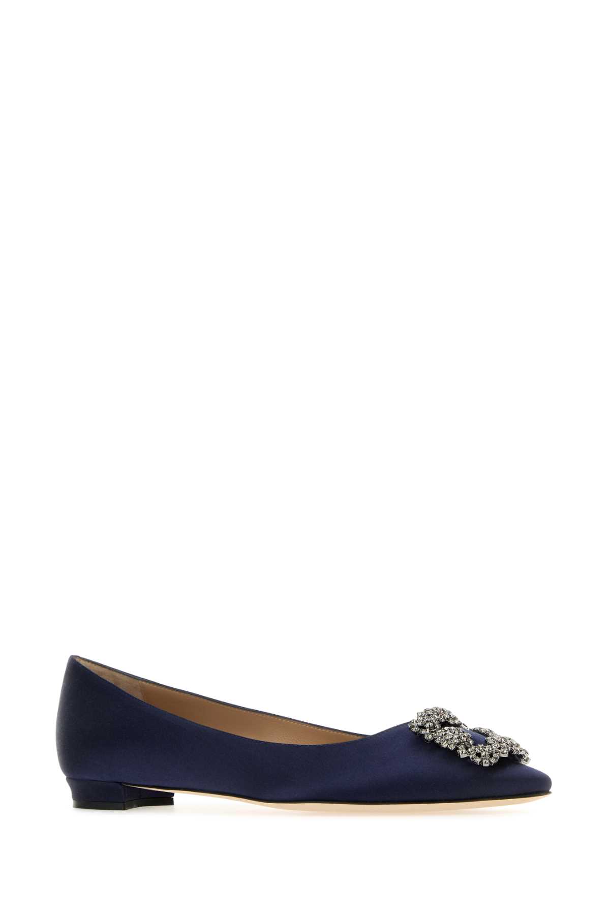 Shop Manolo Blahnik Navy Blue Satin Hangisi Ballerinas