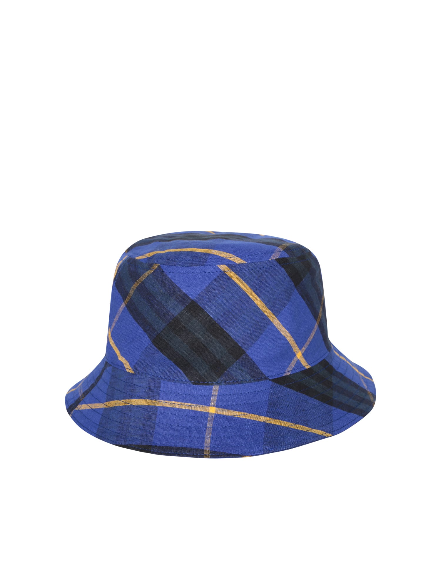 Shop Burberry Blue Checked Linen Bucket Hat