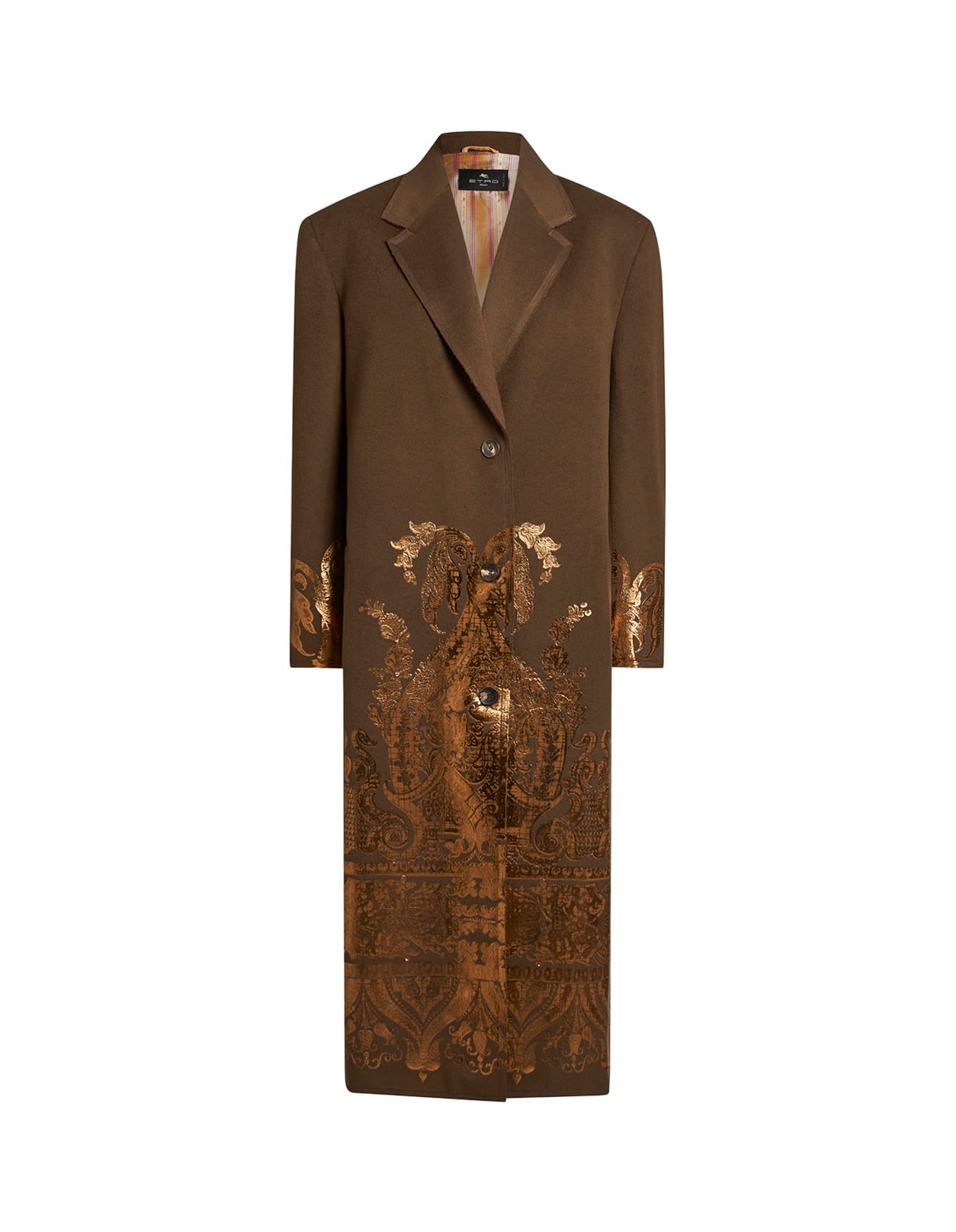 Shop Etro Dark Brown Coat With Laminated Print