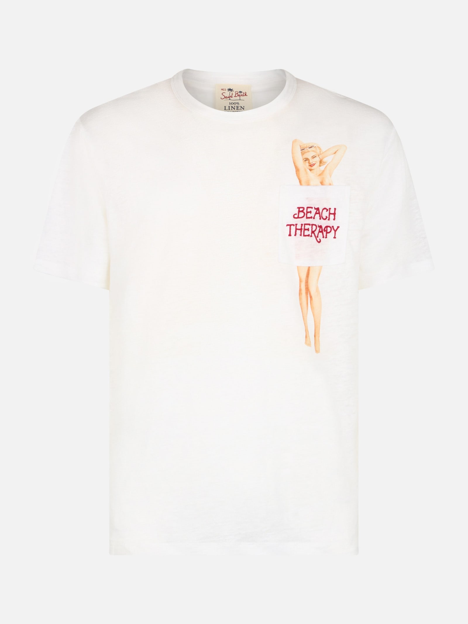 MC2 SAINT BARTH MAN LINEN JERSEY T-SHIRT ECSTASEA WITH PRINTED AND EMBROIDERED POCKET