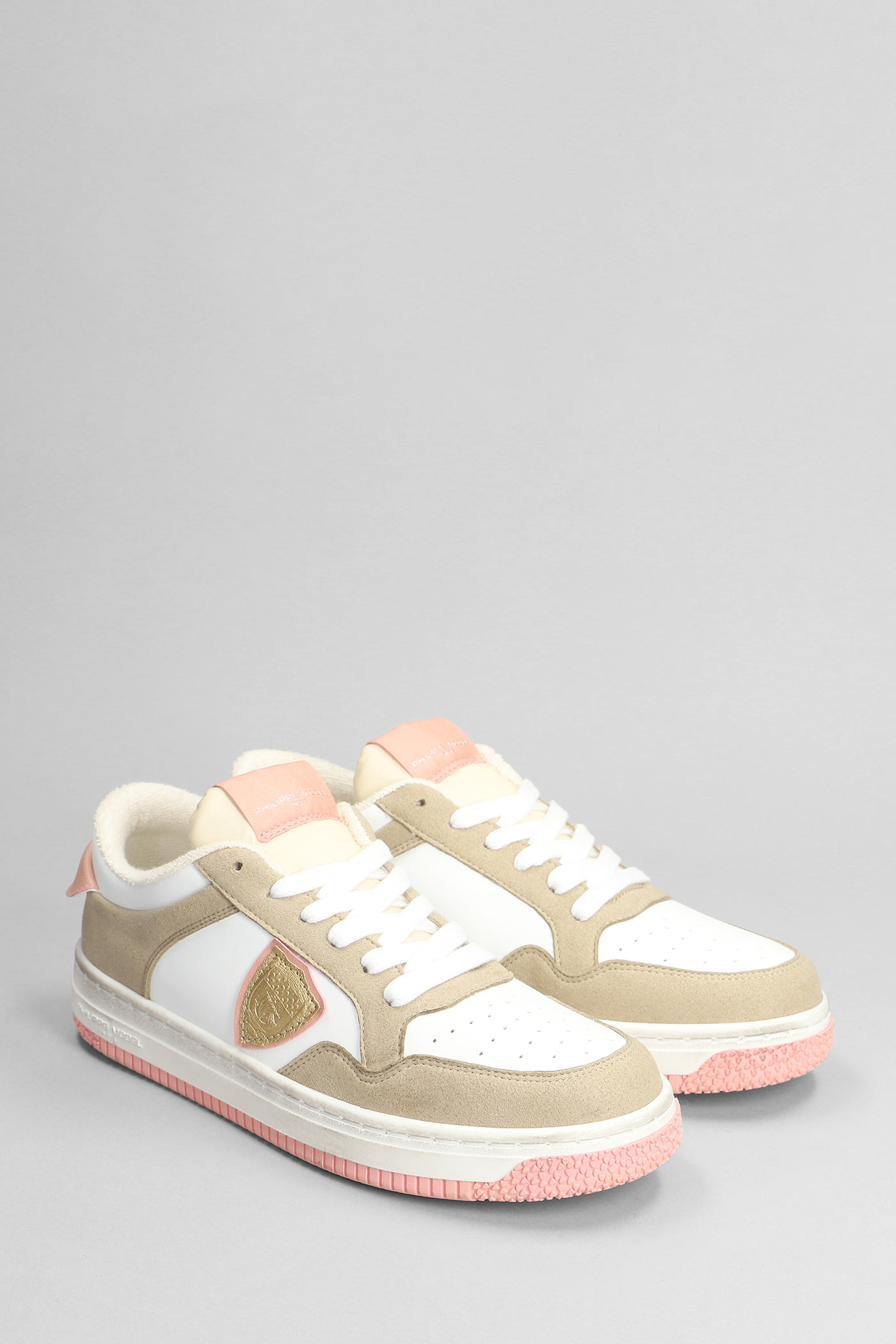 Shop Philippe Model Lyon Sneakers In White Suede And Leather In Blanc/rose