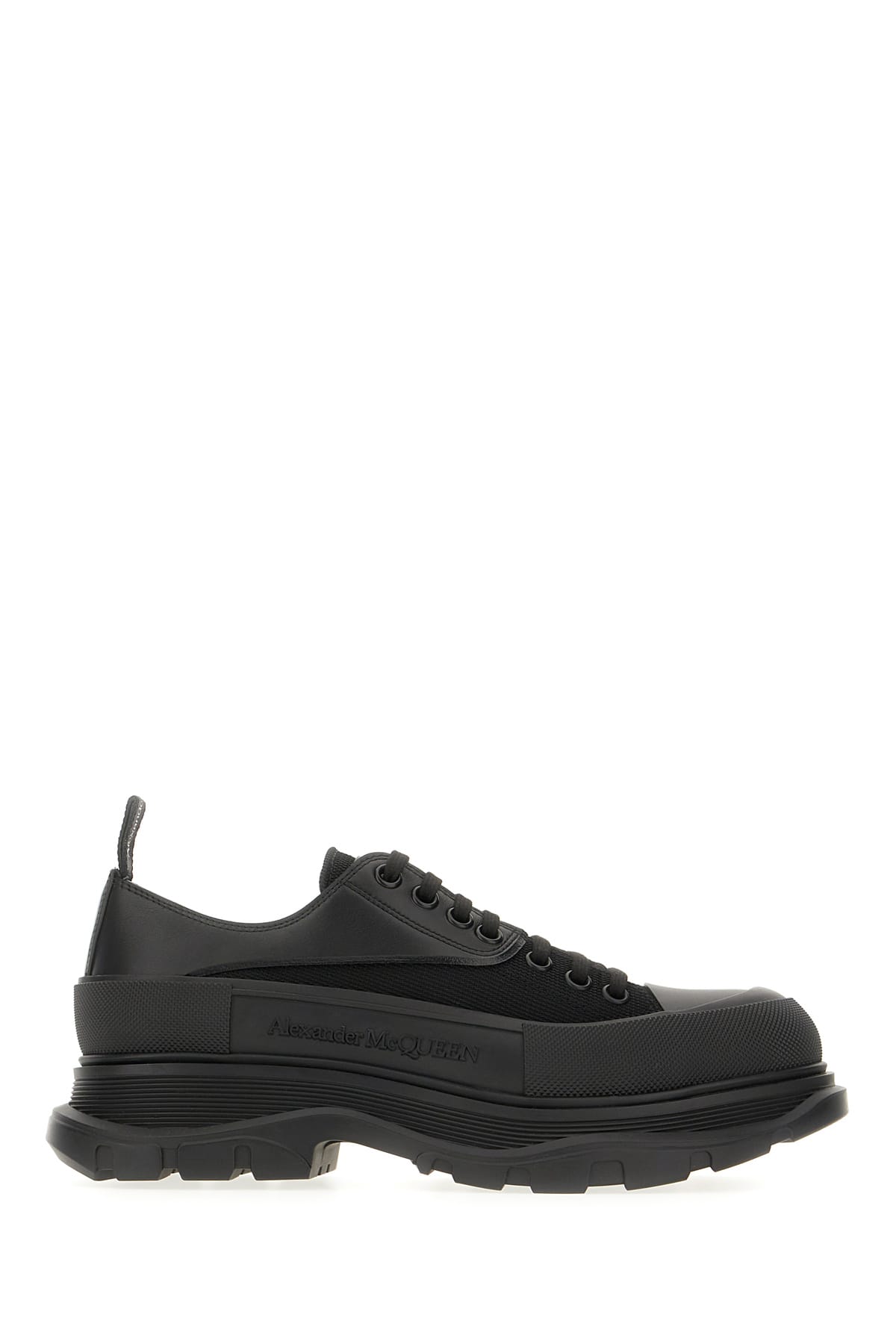 Alexander Mcqueen Black Leather And Canvas Tread Slick Sneakers In Black White Silver