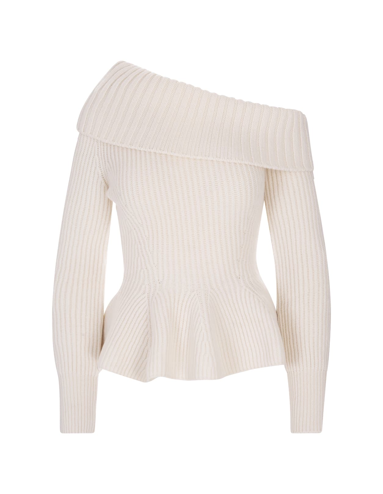 Alexander McQueen Woman Ivory One Shoulder Sweater With Ruffles