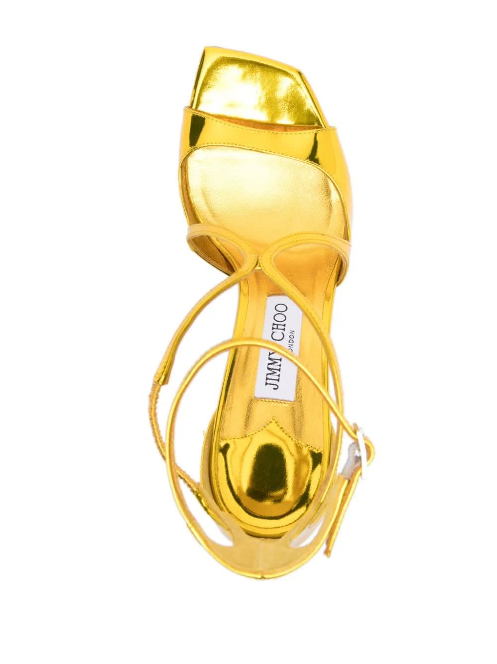 Shop Jimmy Choo Citrine Liquid Metal Leather Azia 95 Sandals In Yellow