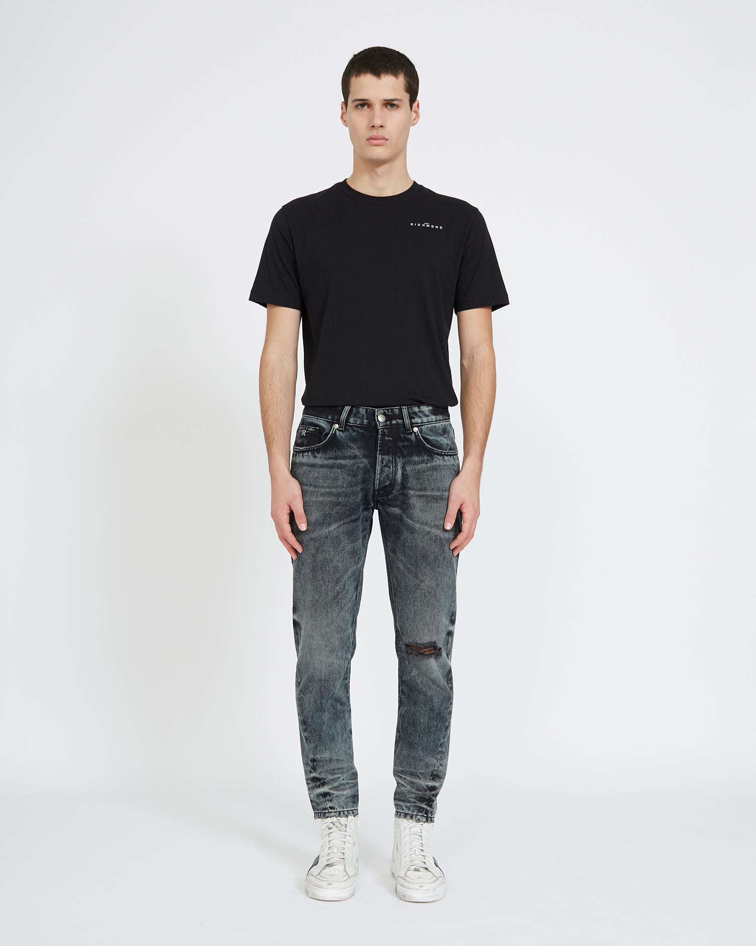 Shop John Richmond Slim Jeans With Tears On The Front In Grigio