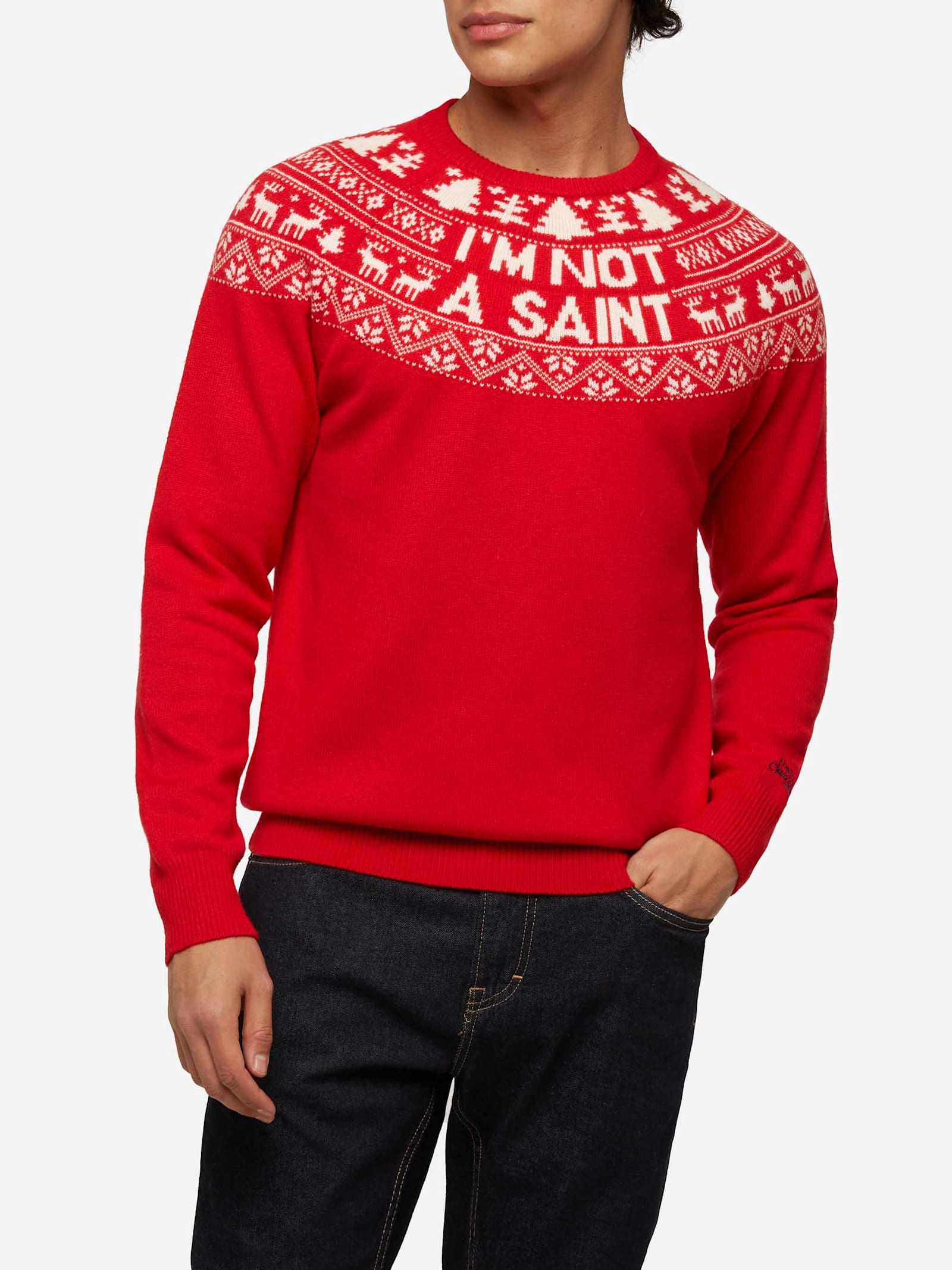 Red Sweater Heron With Fair Isle Jacquard And Im Not A Saint Jacquard