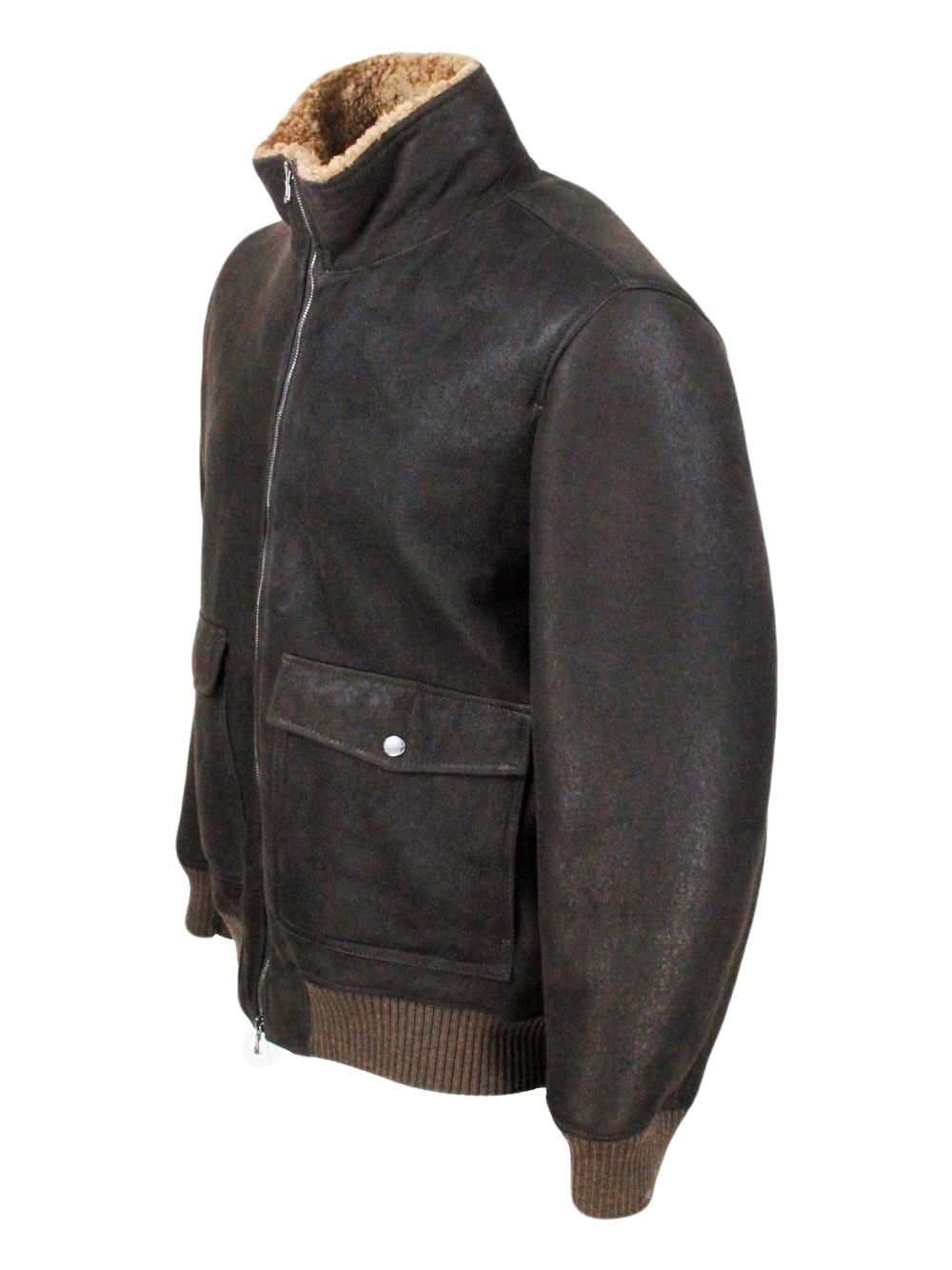 Shop Barba Napoli Bomber Jacket In Fine And Soft Shearling Sheepskin With Stretch Knit Trims And Zip Closure. Front Po In Brown
