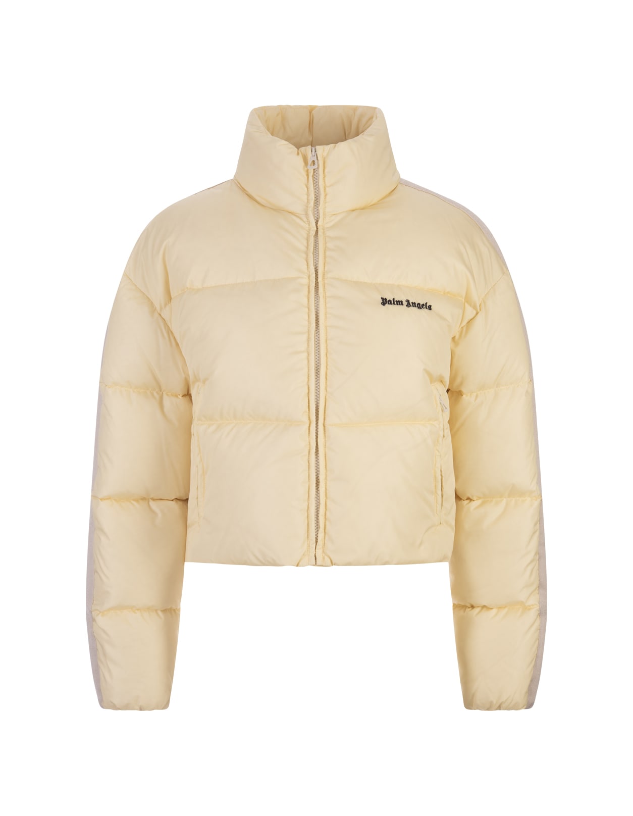 Shop Palm Angels Yellow Short Down Jacket With Logo