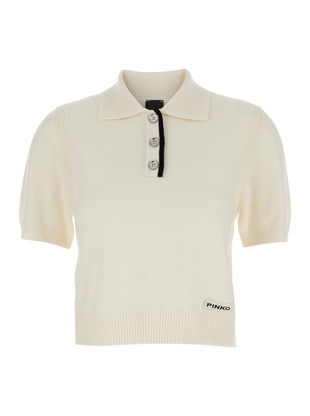 Pinko White Polo Shirt With Logo Patch On The Front And Ribbed Details In Wool Woman In Neutral