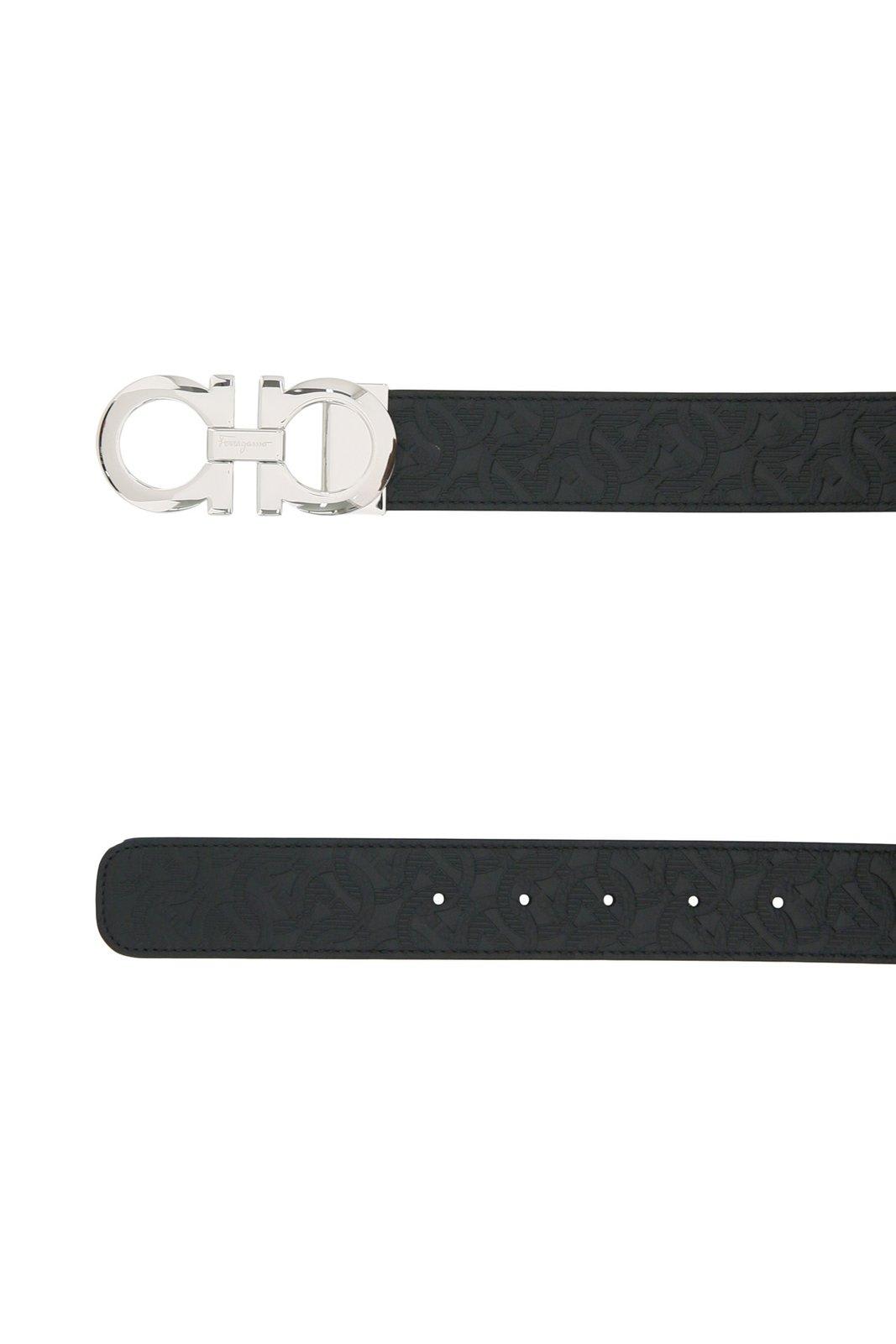 Shop Ferragamo Reversible Gancini Embossed Belt In Black