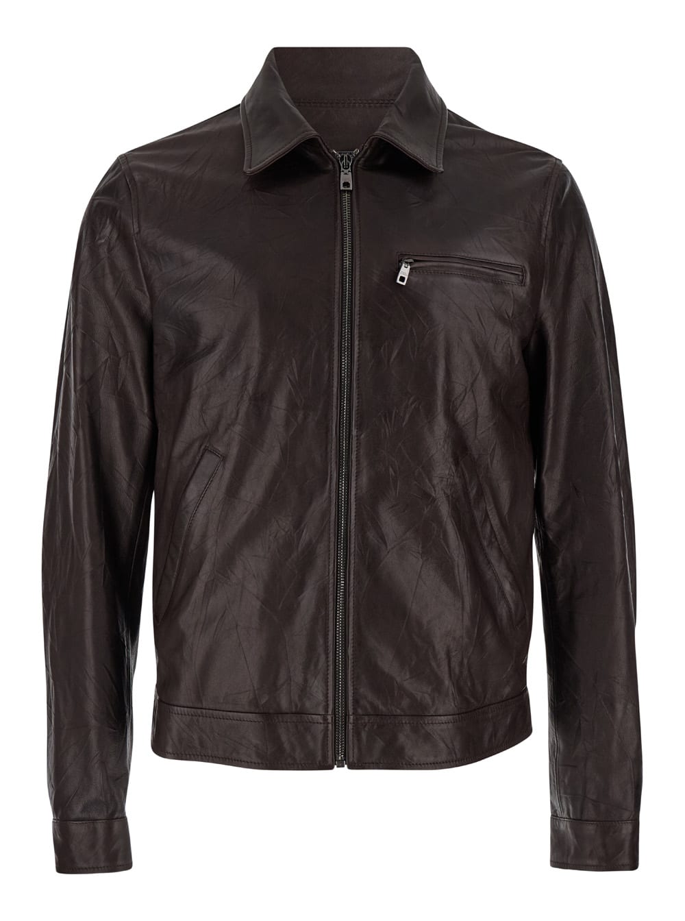 Dolce & Gabbana Brown Jacket With Zip Closure In Crushed-look Leather Man
