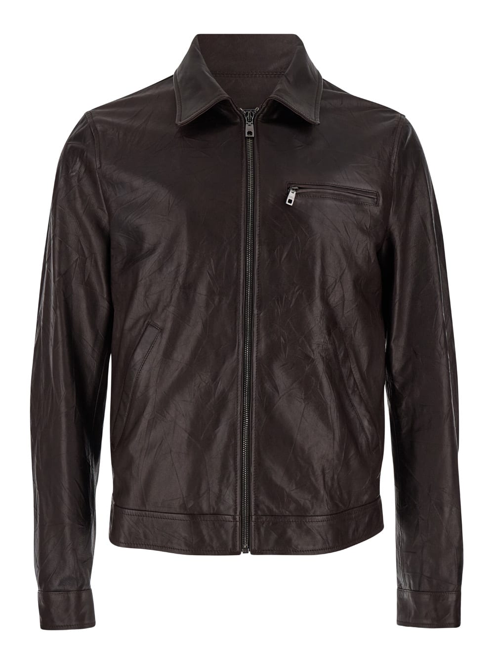 Brown Jacket With Zip Closure In Crushed-look Leather Man