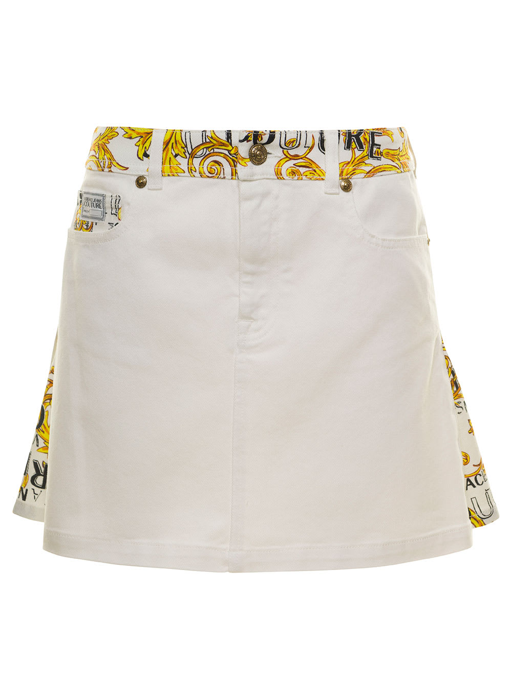 VERSACE JEANS COUTURE WHITE MINI-SKIRT WITH BAROCCO SIGNATURE INSERTS IN STRETCH COTTON DENIM WOMAN