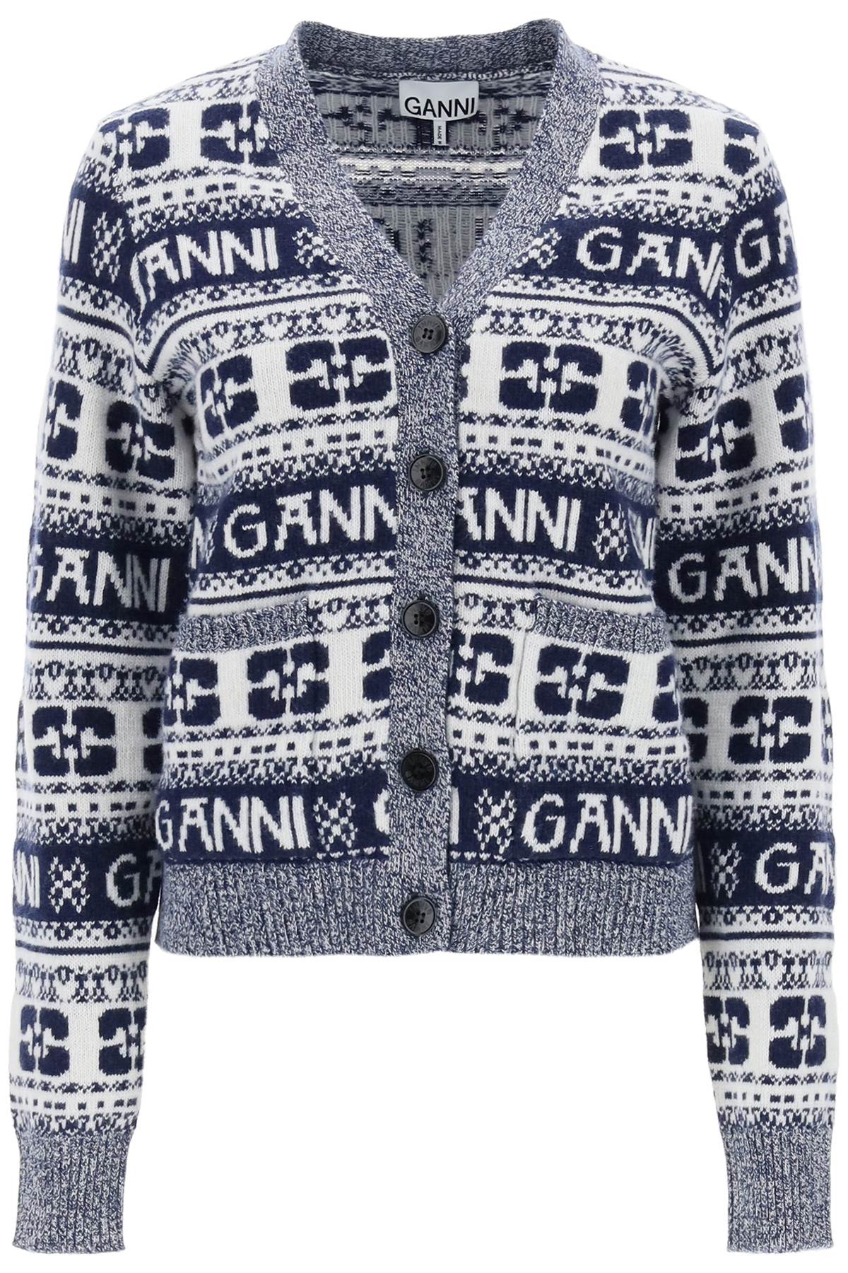 Shop Ganni Jacquard Wool Cardigan With Logo Pattern In Multicolour
