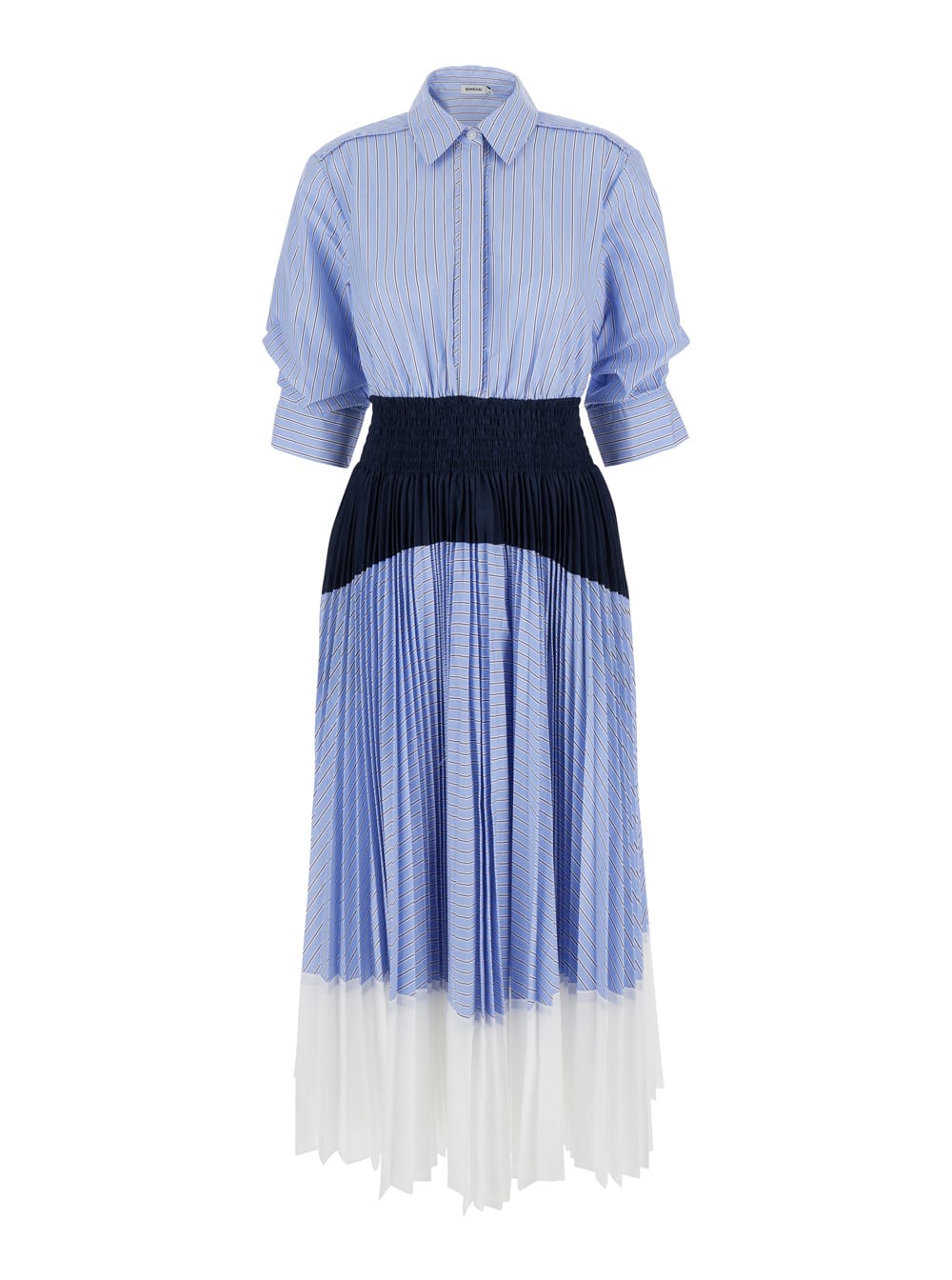 jenella Light Blue Long Dress With Classic Collar And Striped Motif In Cotton Blend Woman