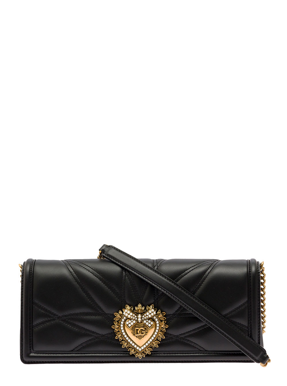 Dolce & Gabbana Devotion Black Shoulder Bag With Jewel Heart Detail In Matelassé Leather Woman