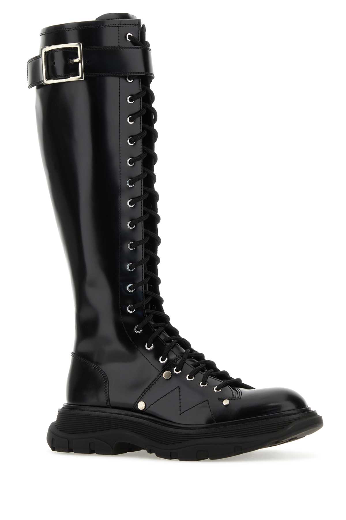Alexander Mcqueen Black Leather Tread Slick Boots In Blkblkblksilver