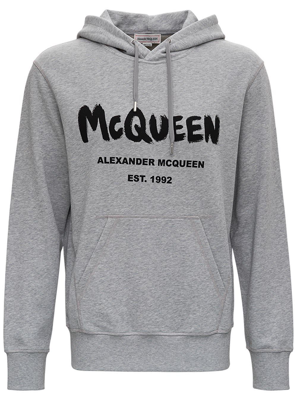 Alexander McQueen Grey Cotton Hoodie With Logo Print