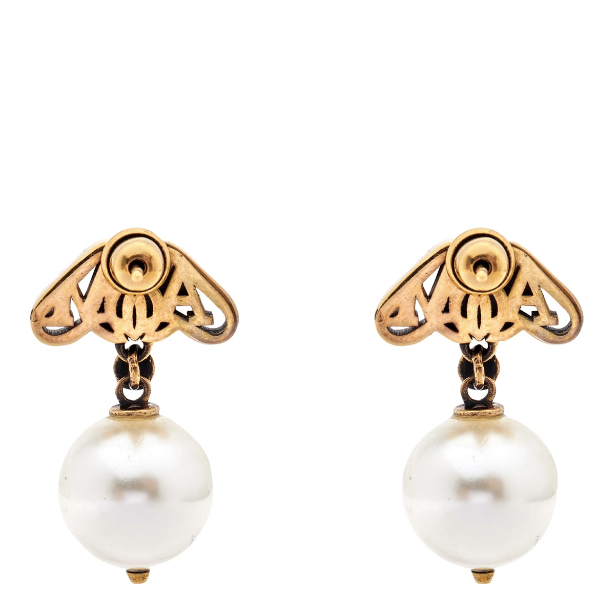 Shop Alexander Mcqueen Seal Logo Pearl Earrings In Golden