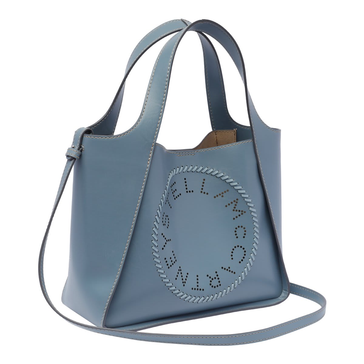 Shop Stella Mccartney Logo Perforated Top Handle Bag In Blue