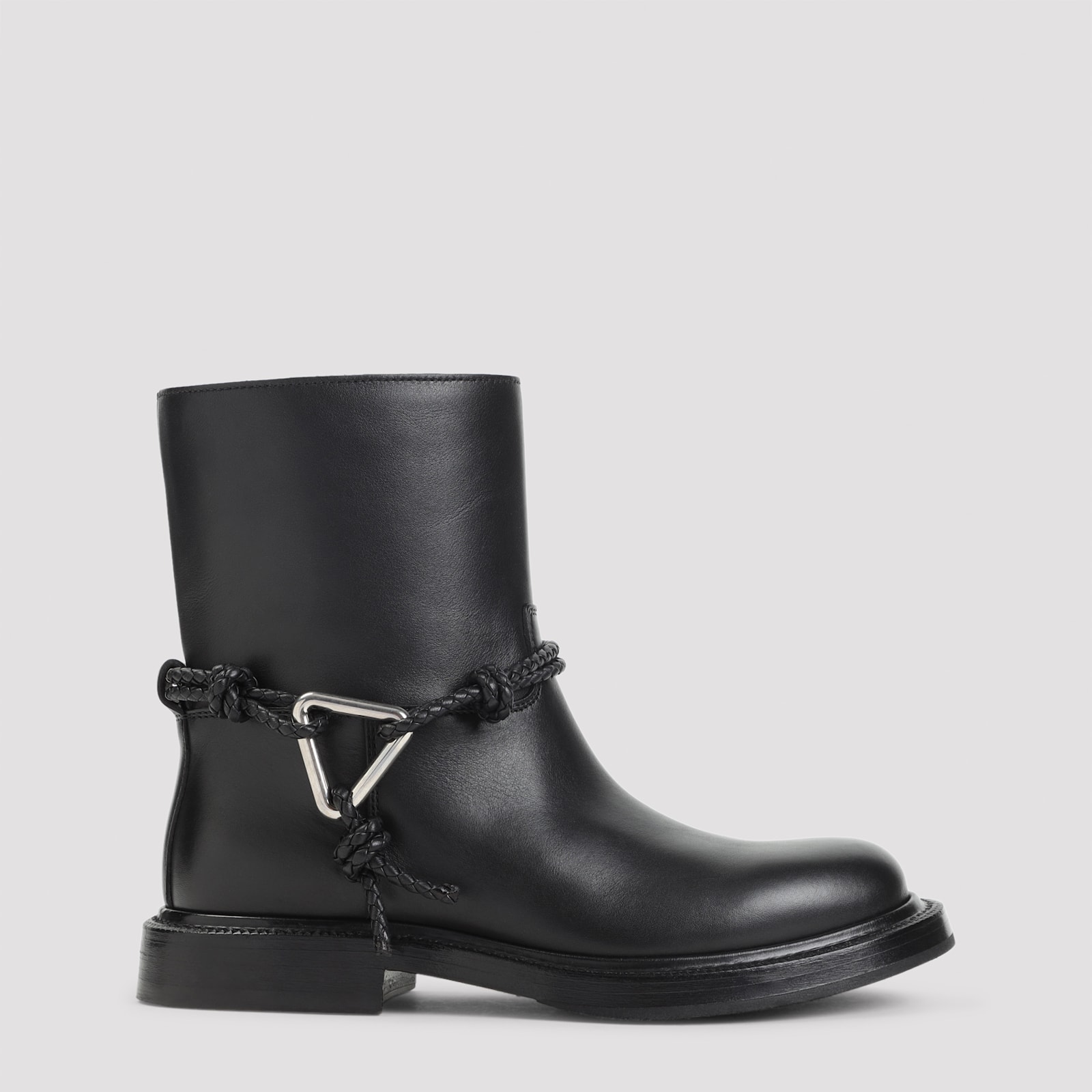 Bottega Veneta Women Black Ankle Boots With Metallic Detail On The Side And Applied Laces In Leather In Black