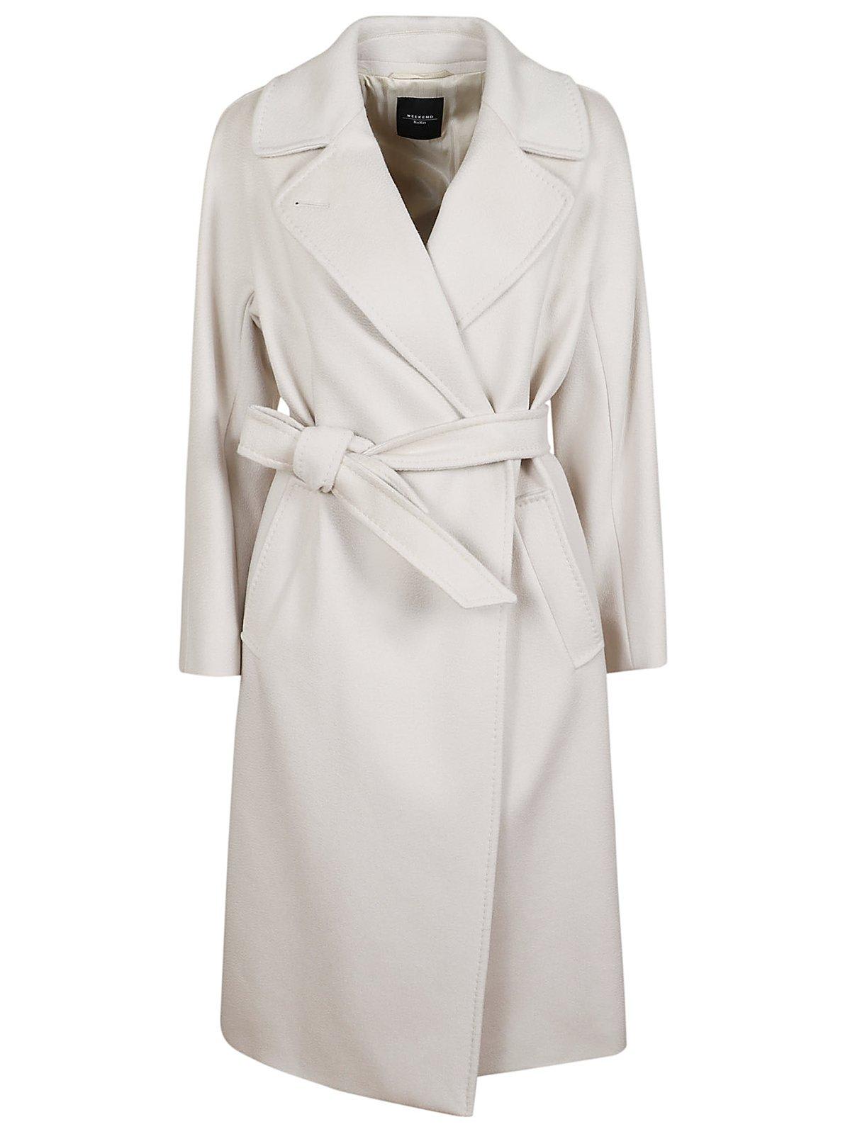 Shop Weekend Max Mara Belted Long-sleeved Coat In Avorio