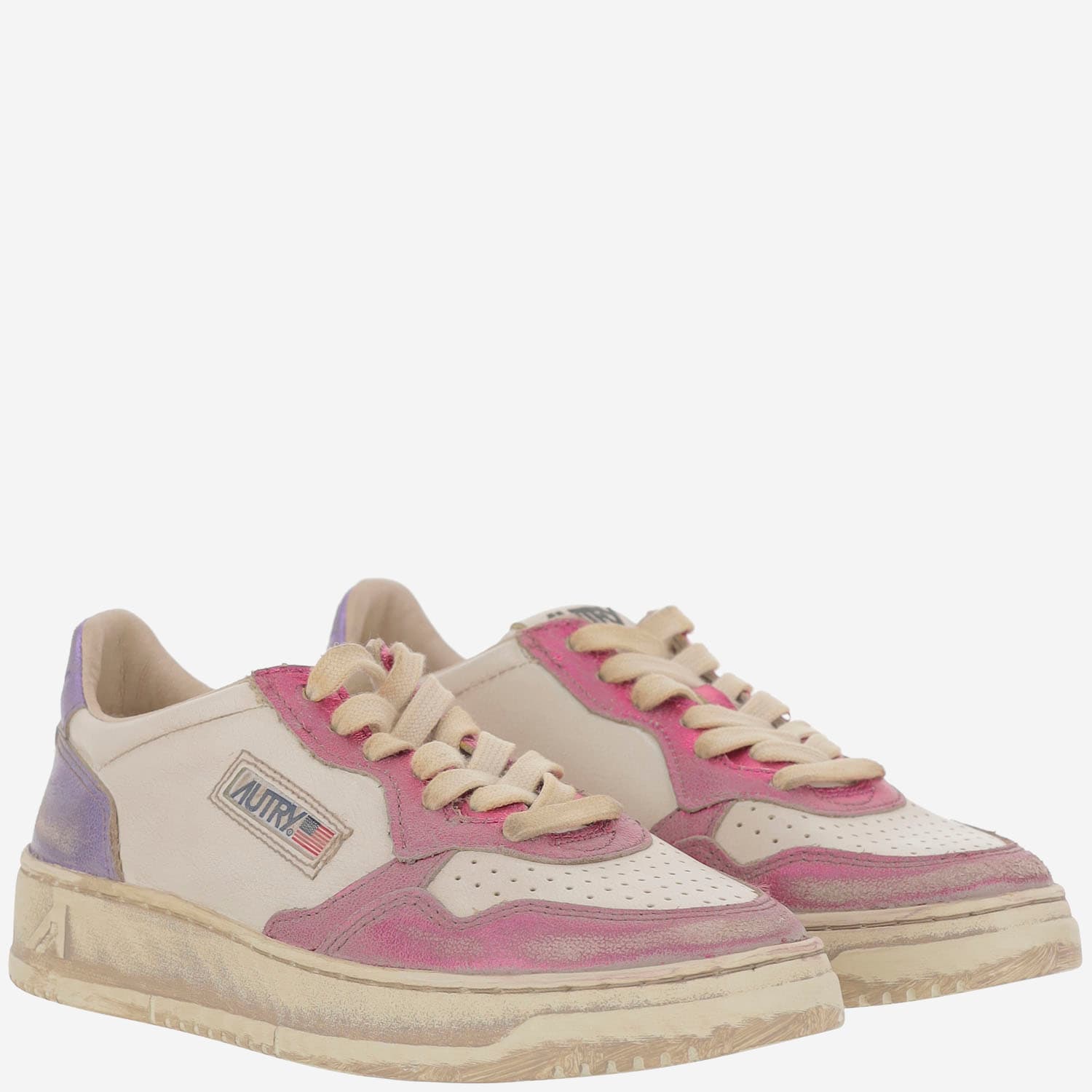 Autry Low-top Leather Sneakers With Vintage Effect In Multi