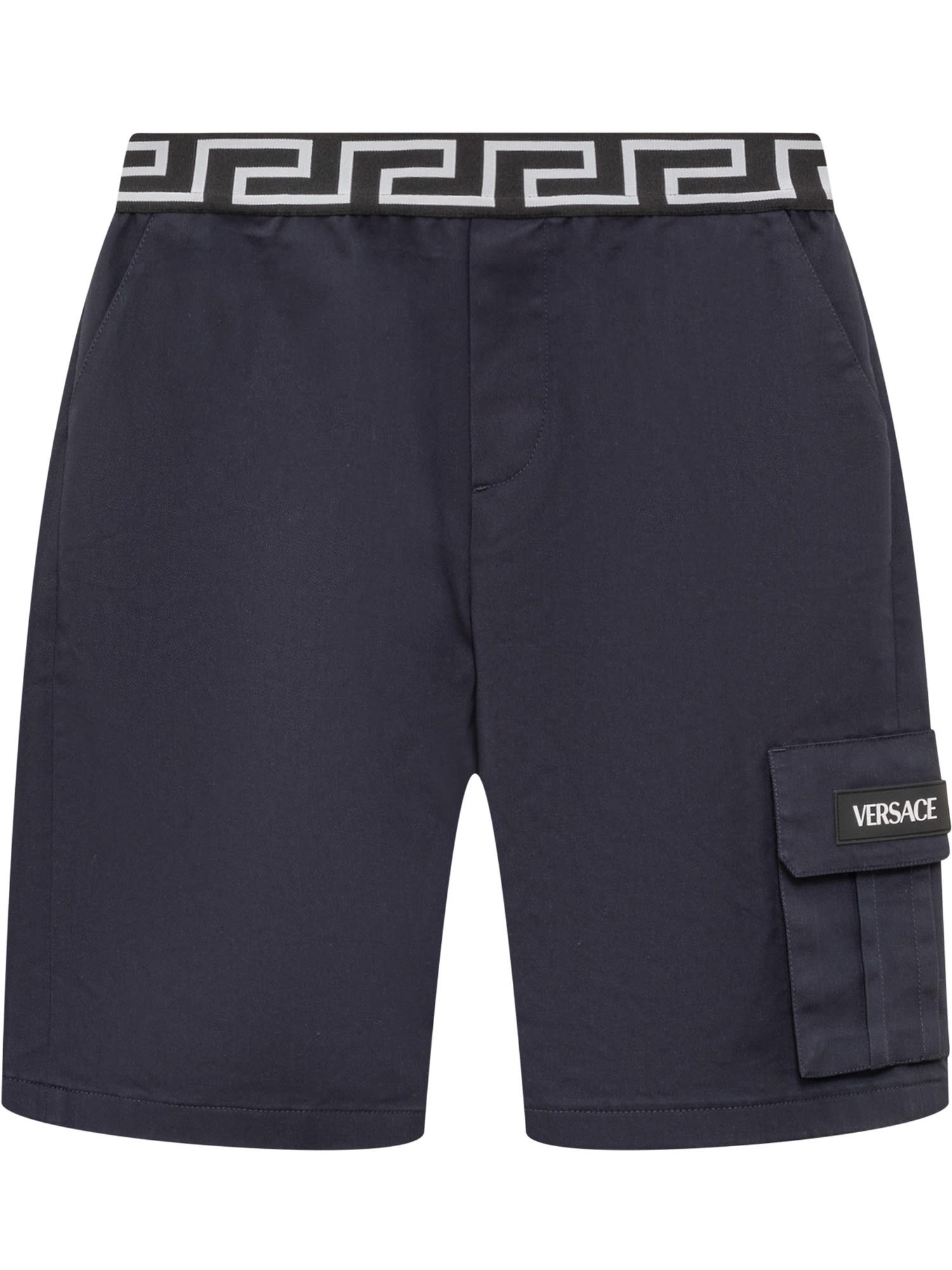 Versace Boy's Greca-waist Gabardine Cargo Shorts In Blu Scuro