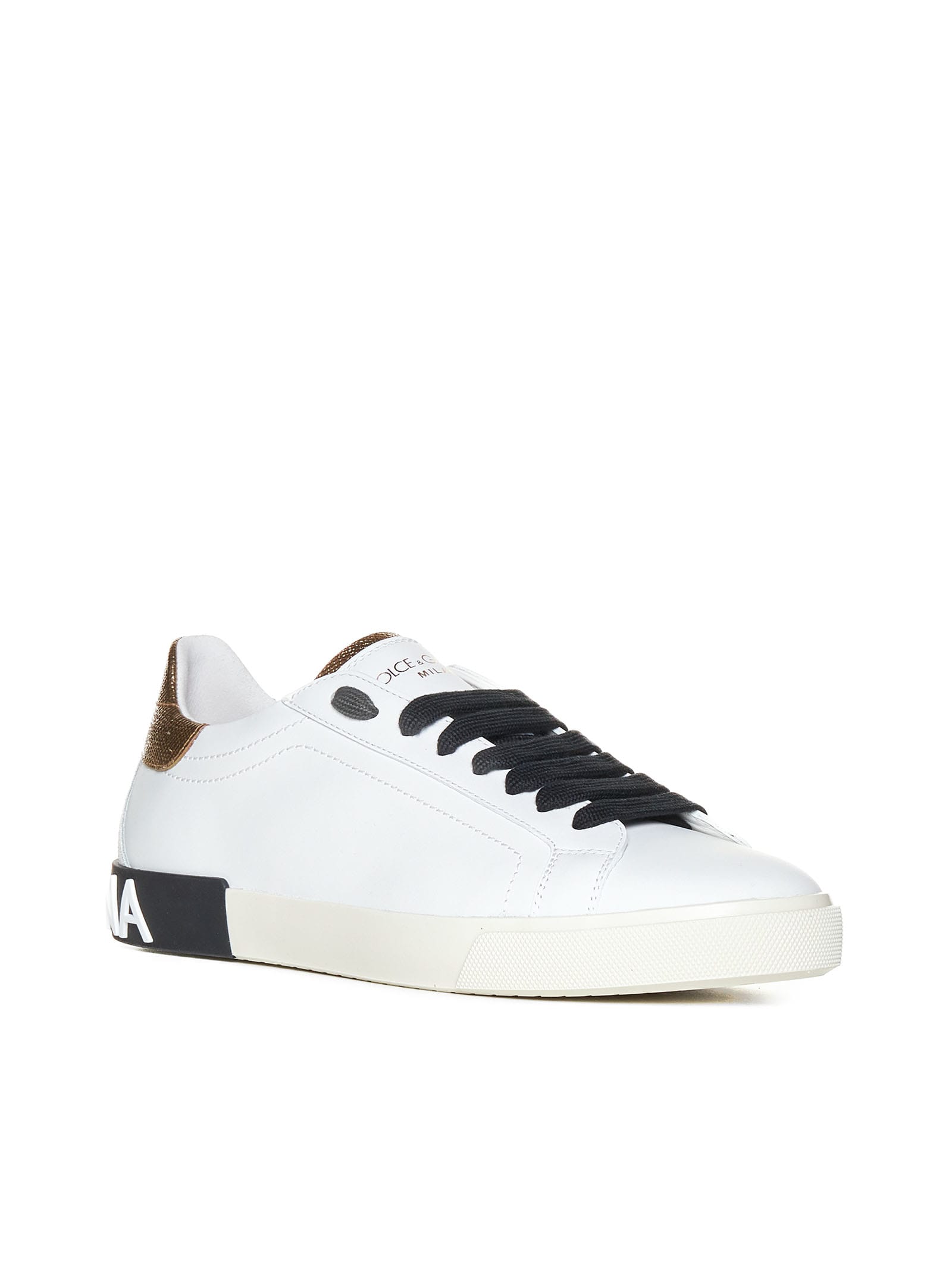 Dolce & Gabbana 'new Portofino' White Low Top Sneakers With Metallic Heel Tab And Logo Patch In Leather Woman In White / Gold