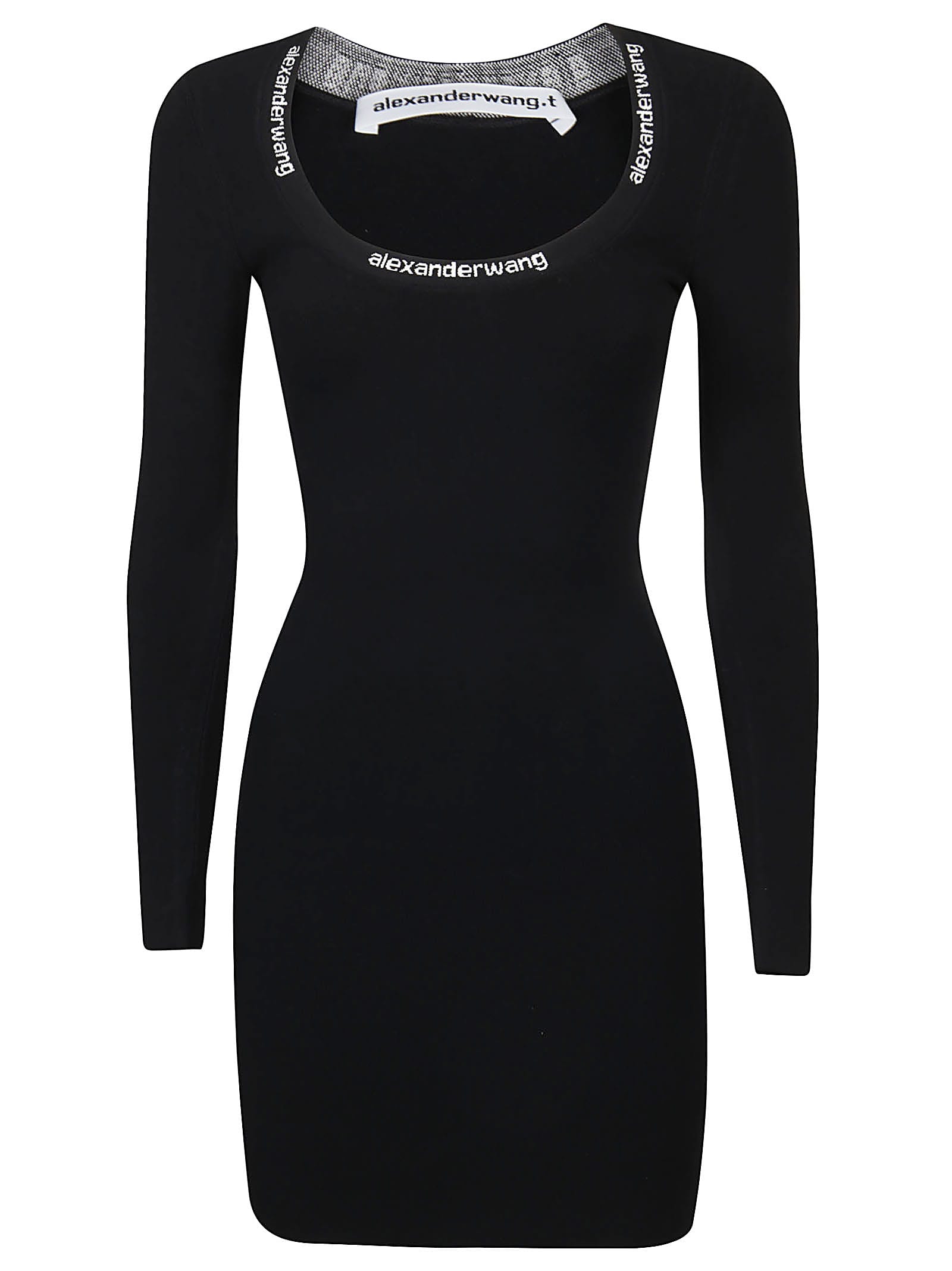 Shop Alexander Wang T Logo Jacquard Trim Bodycon Scoop Neck Dress In Black