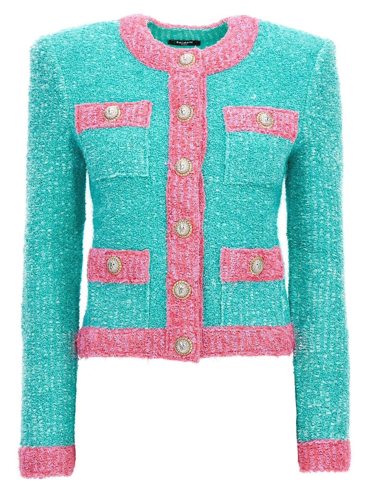 Shop Balmain Two-toned Tweed Jacket In Green