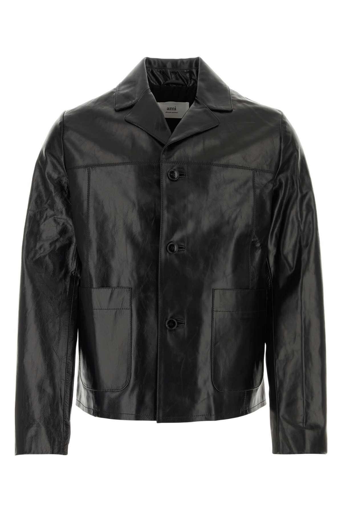 Shop Ami Alexandre Mattiussi Black Leather Jacket