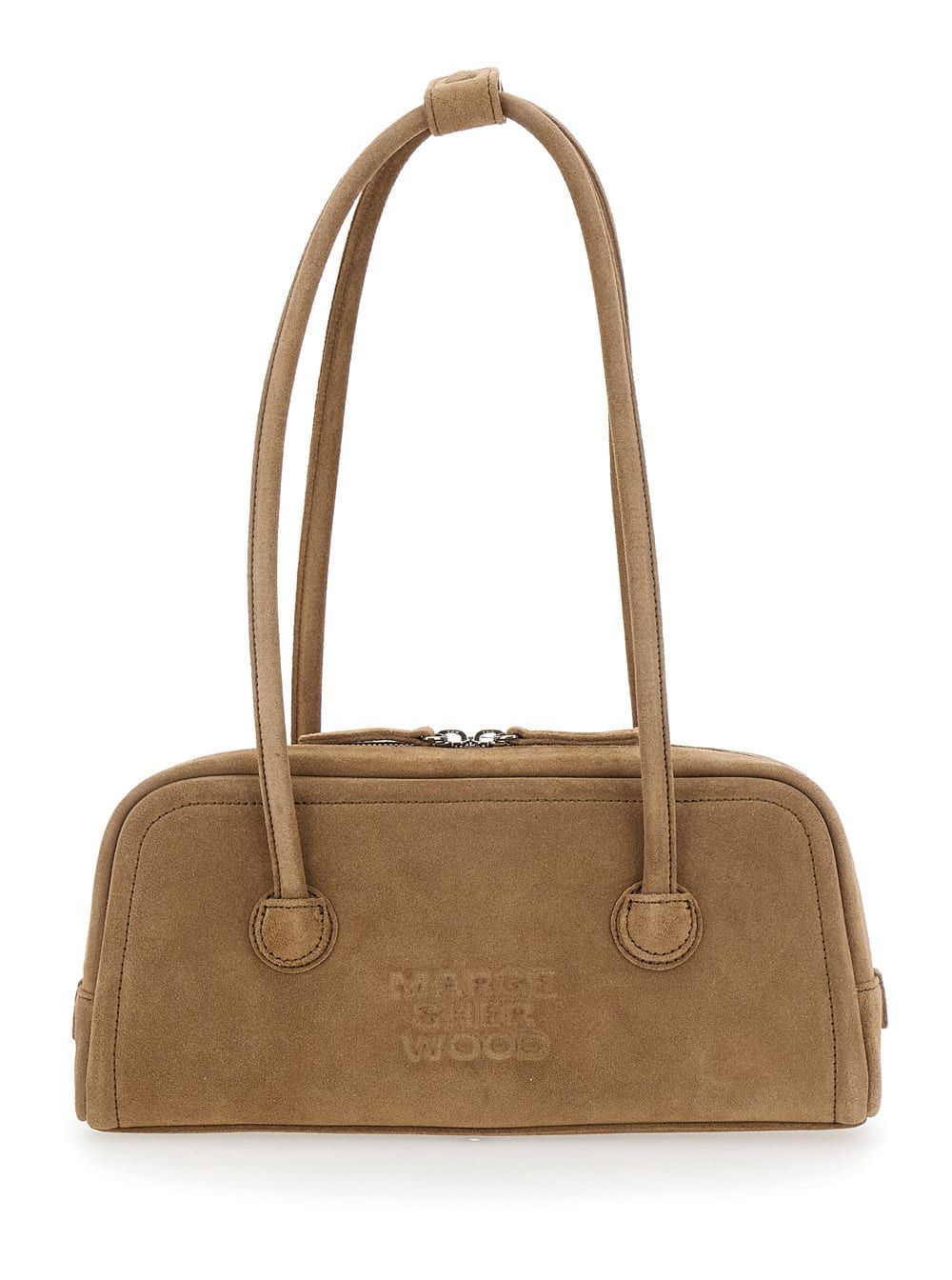 boston Beige Shoulder Bag With Embossed Logo Lettering On The Front In Leather Woman