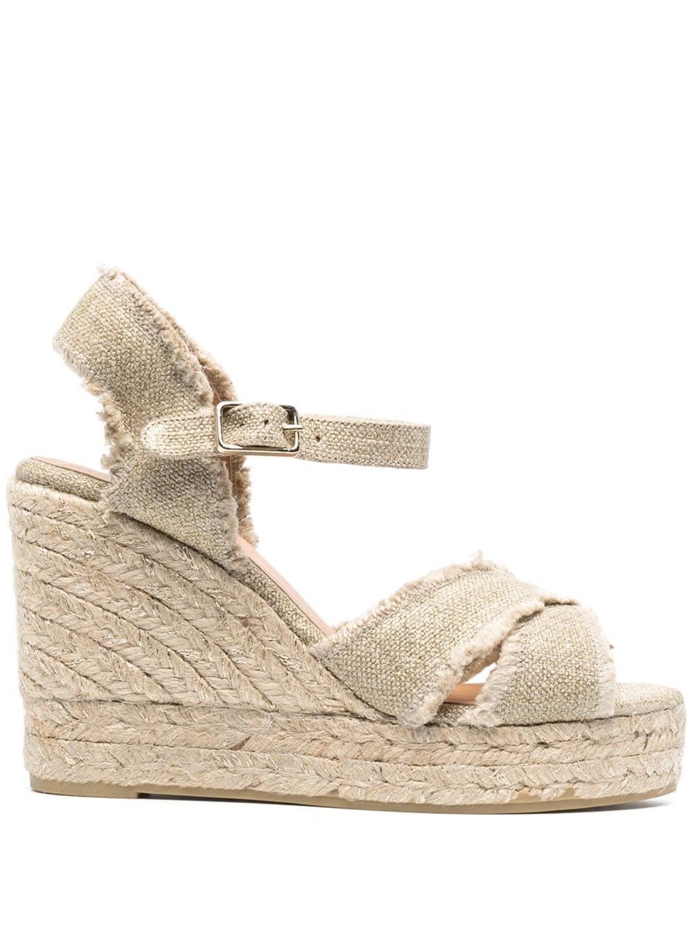 Shop Castaã±er Beige Wedge Sandals With Criss-crossed Straps In Canvas And Straw Woman Castaner In Metallic