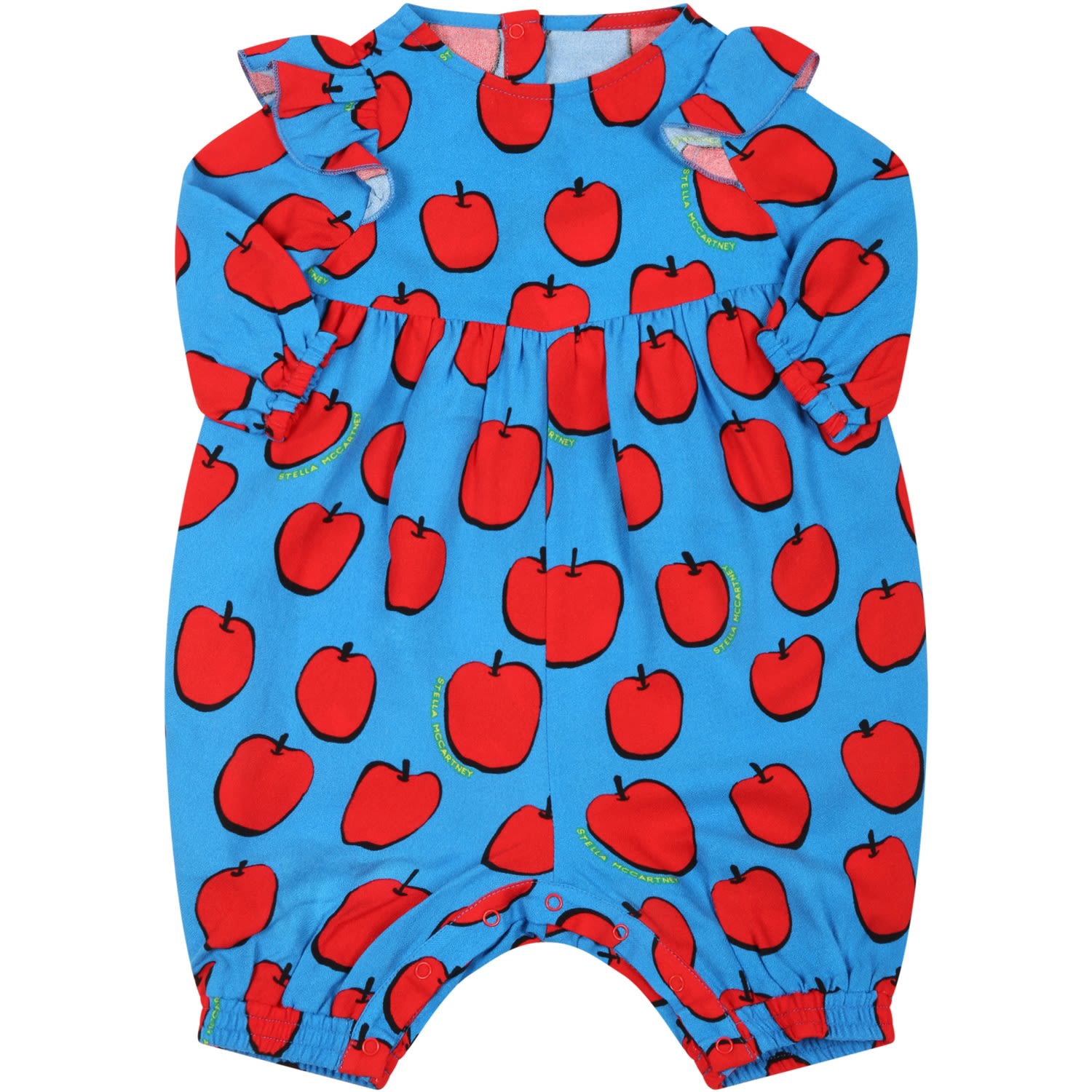 Stella McCartney Kids Light-blue Jumpsuit For Babykids With Red Apples And Yellow Logo