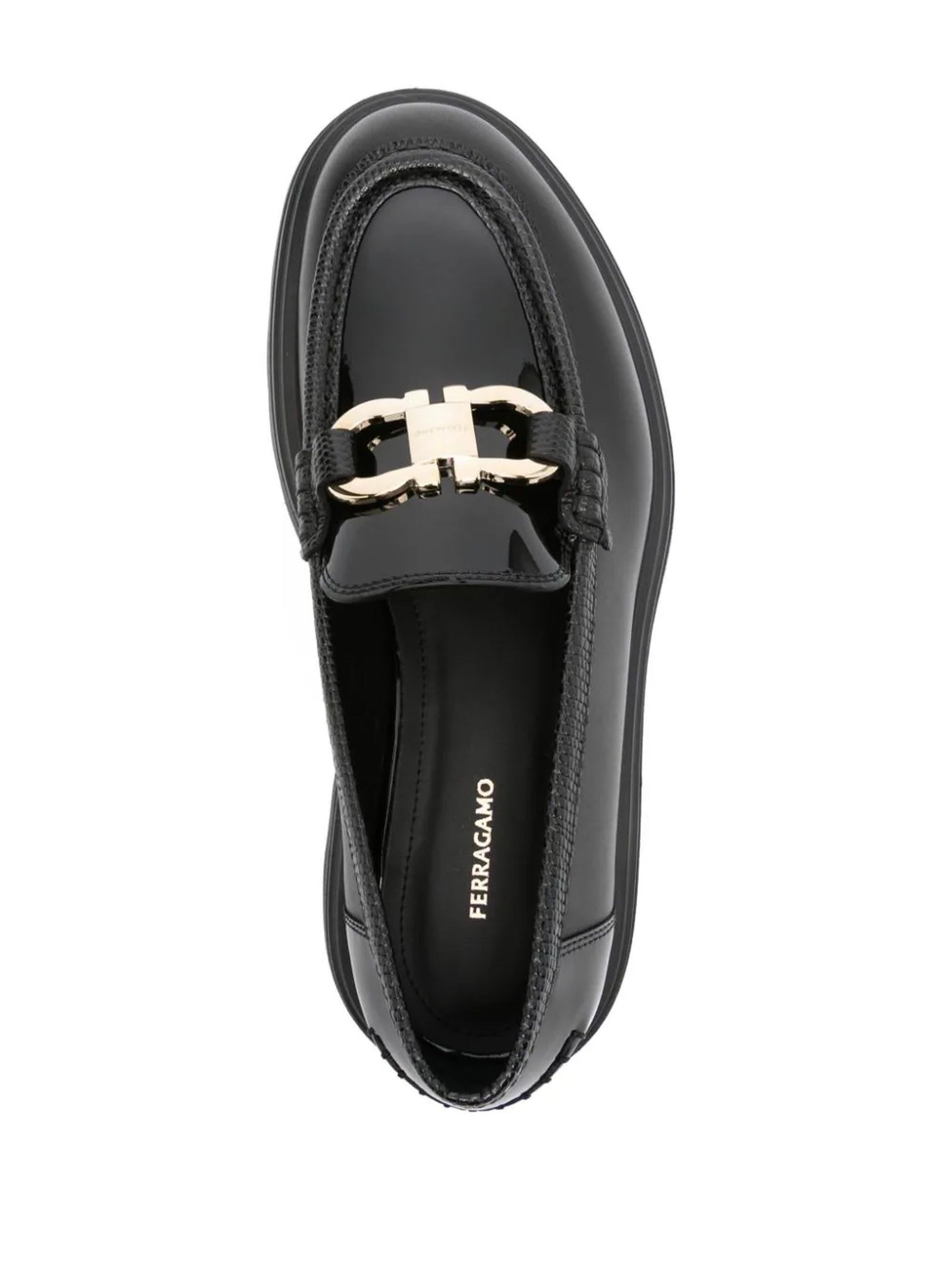 Shop Ferragamo Black Calf Leather Gancini Loafers