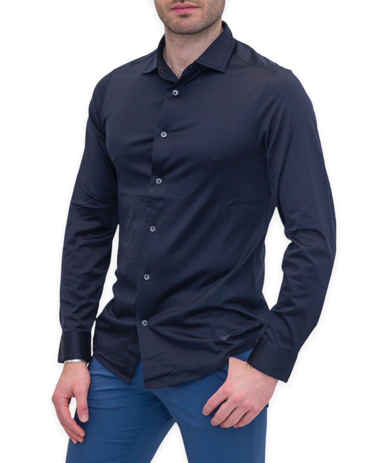 Shop Emporio Armani Curved Hem Buttoned Shirt In Blue